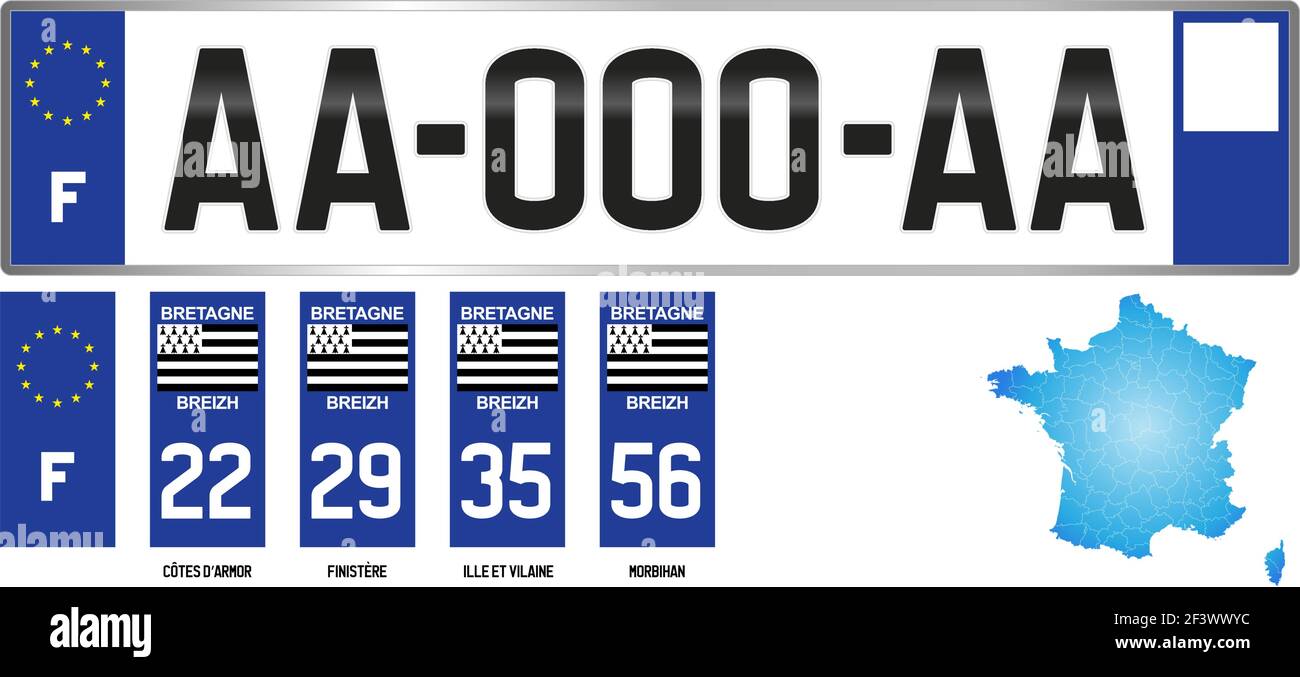 Bretagne, french regional license plate template, detail of the side label of the department, vector illustration, example of numbering Stock Vector