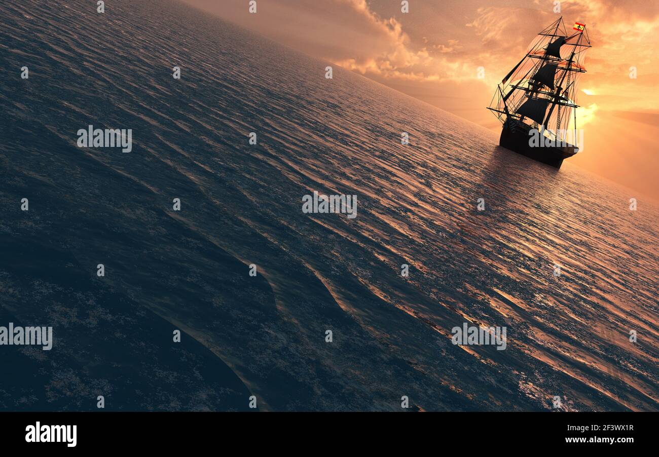 A Spanish Brig ,Sailing Out At Sea. Stock Photo
