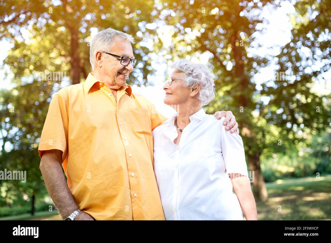 Happy and handsome senior couple hugging in park Stock Photo - Alamy