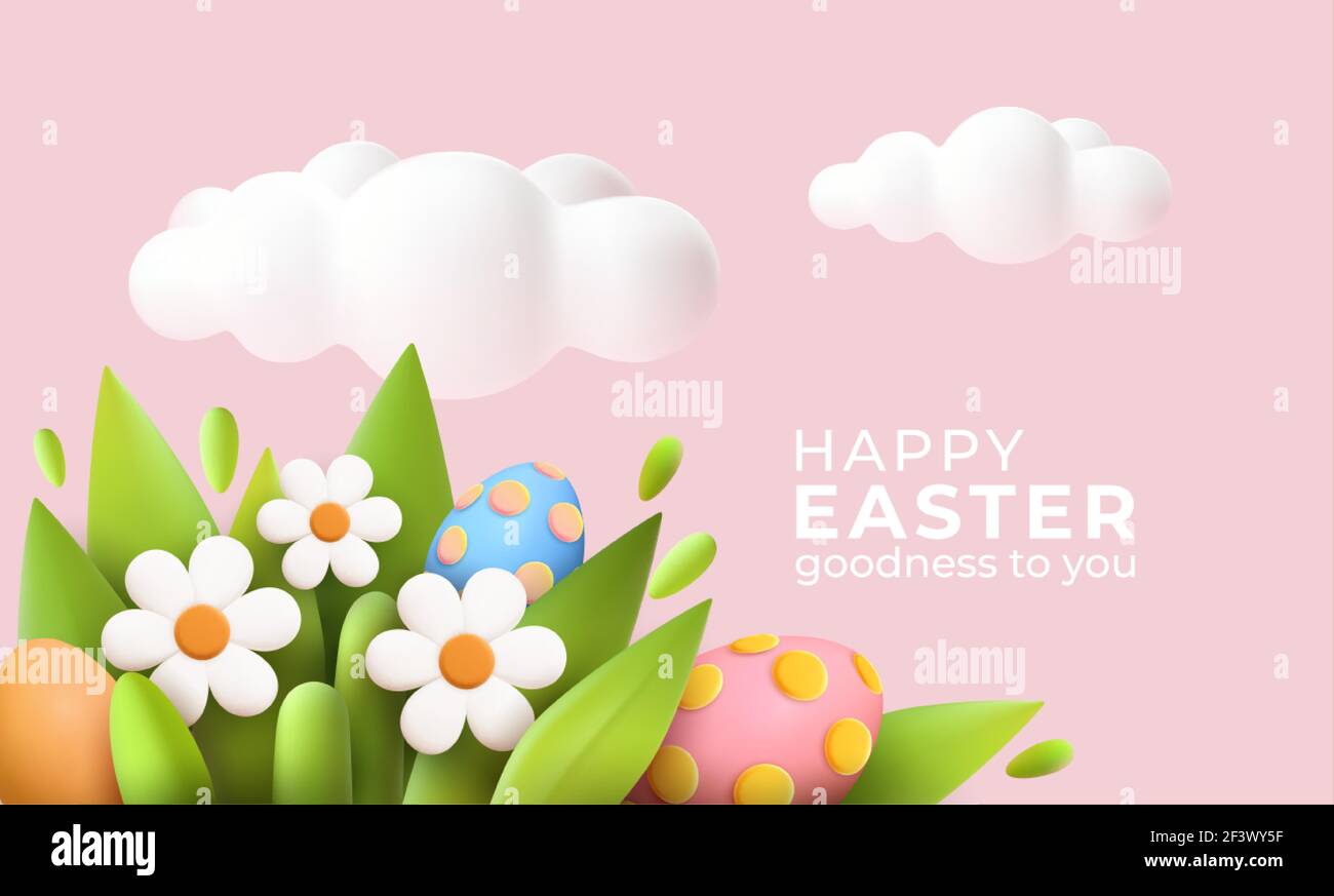 3D trendy Realistic Easter greeting card, banner with flowers, Easter eggs and clouds. Spring floral Modern 3d Easter graphic concept. Vector Stock Vector