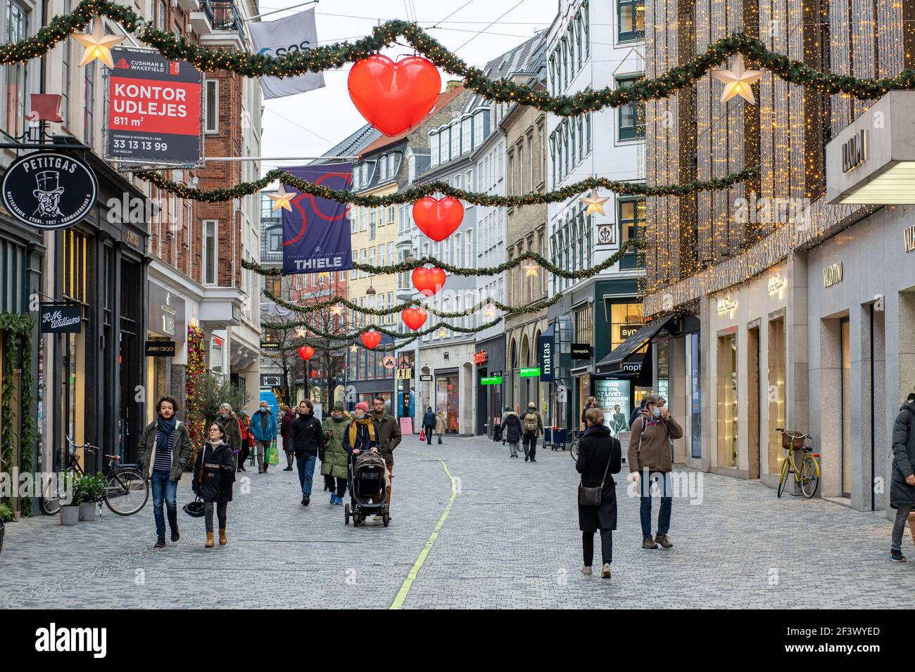 Shopping street with Christmas decoration in Copenhagen, Denmark Stock Photo