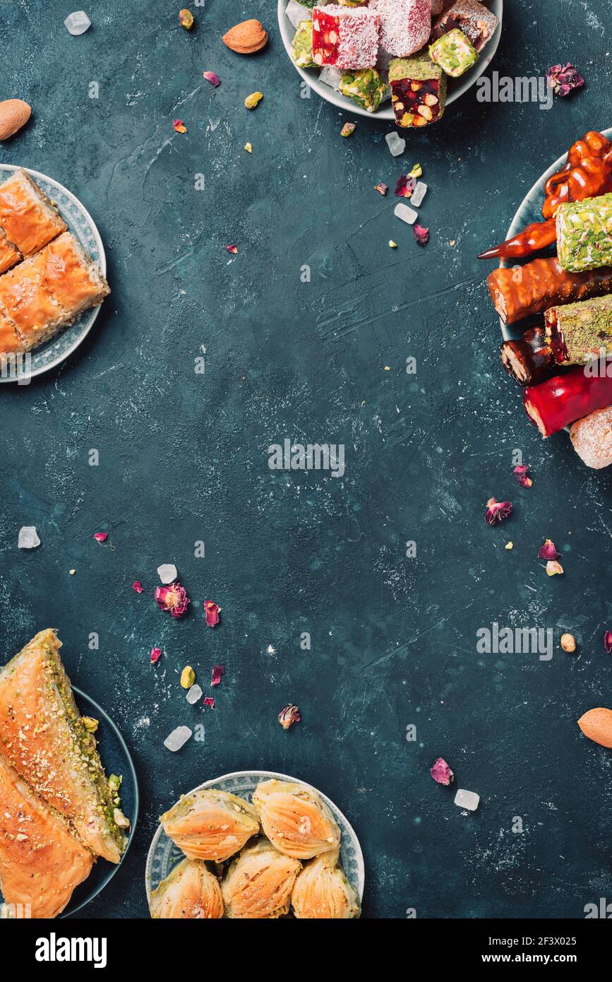 Baklava, halva, rahat lokum, sherbet, nuts, pistachios, dates, raisins