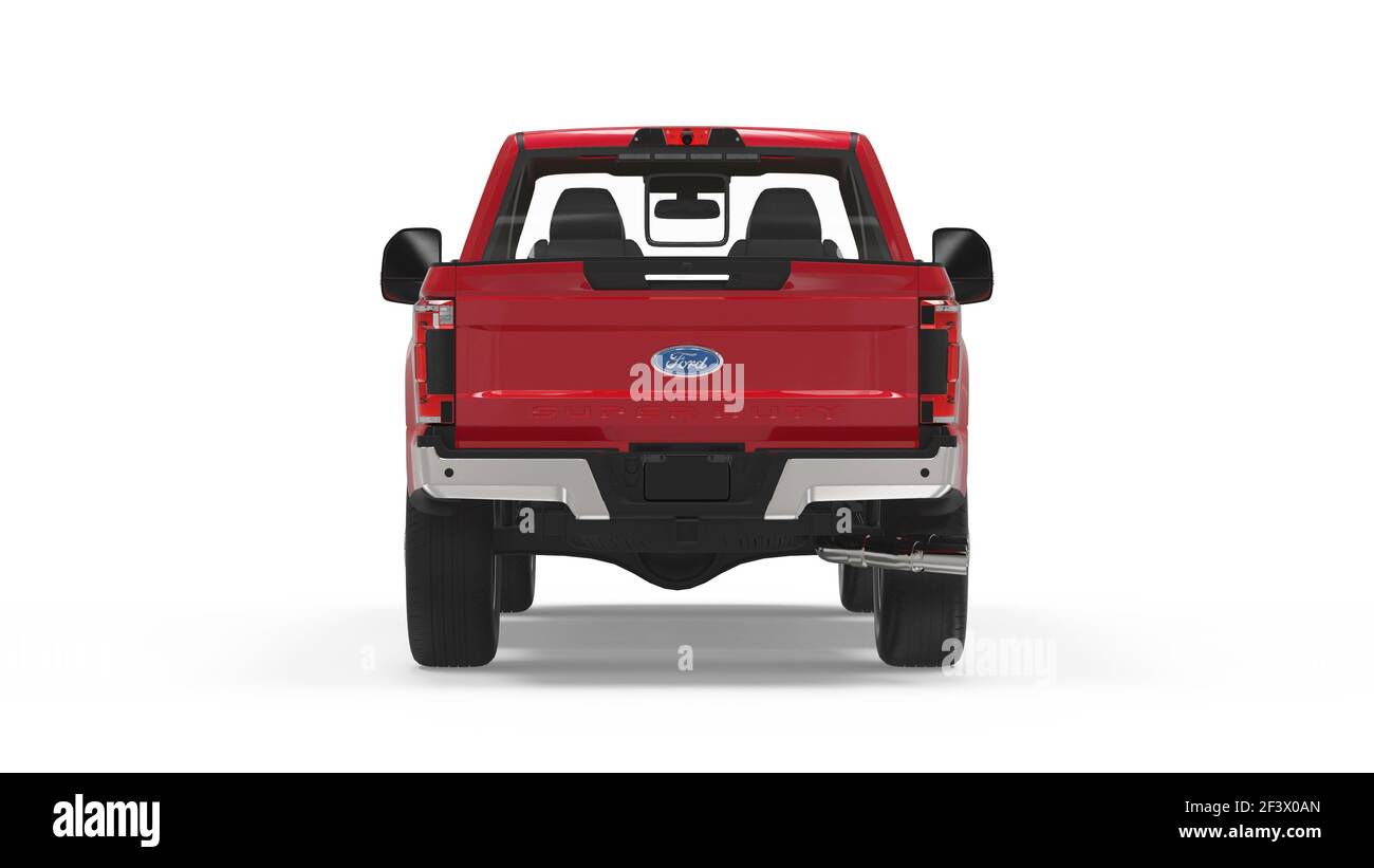 AUSTIN, UNITED STATES - Mar 05, 2018: rendering of a Red F-150 Ford truck on a white background. Great for print or digital graphics. Stock Photo