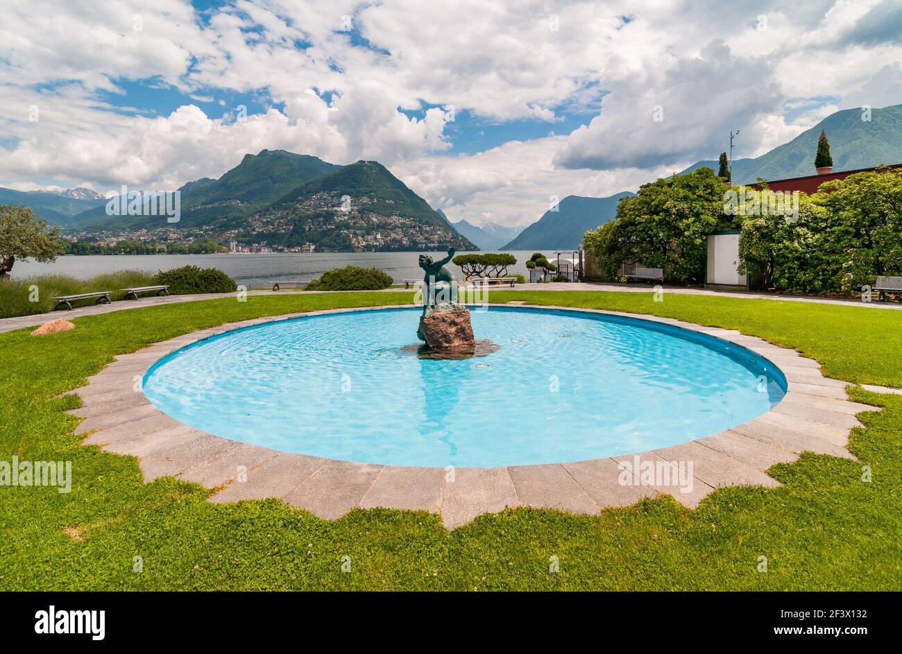 The Acquaiola sculpture on water fountain along Lake Lugano in Lugano Paradiso city, Ticino, Switzerland Stock Photo