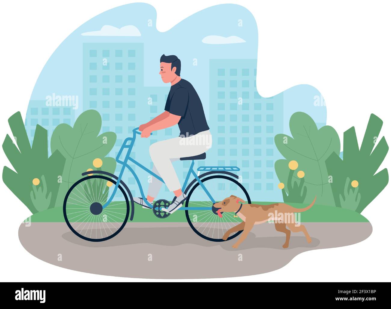 Man riding on bicycle with dog running near 2D vector web banner