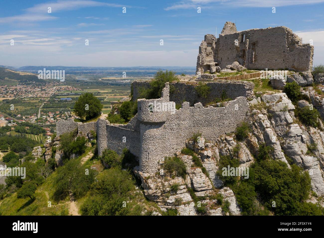 Saint-Peray (south-eastern France): ruins of the Chateau de Crussol, medieval fortress dating back to the 12th century registered as a National Histor Stock Photo