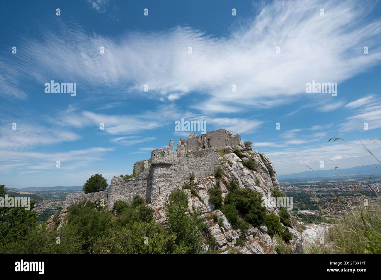 Saint-Peray (south-eastern France): ruins of the Chateau de Crussol, medieval fortress dating back to the 12th century registered as a National Histor Stock Photo