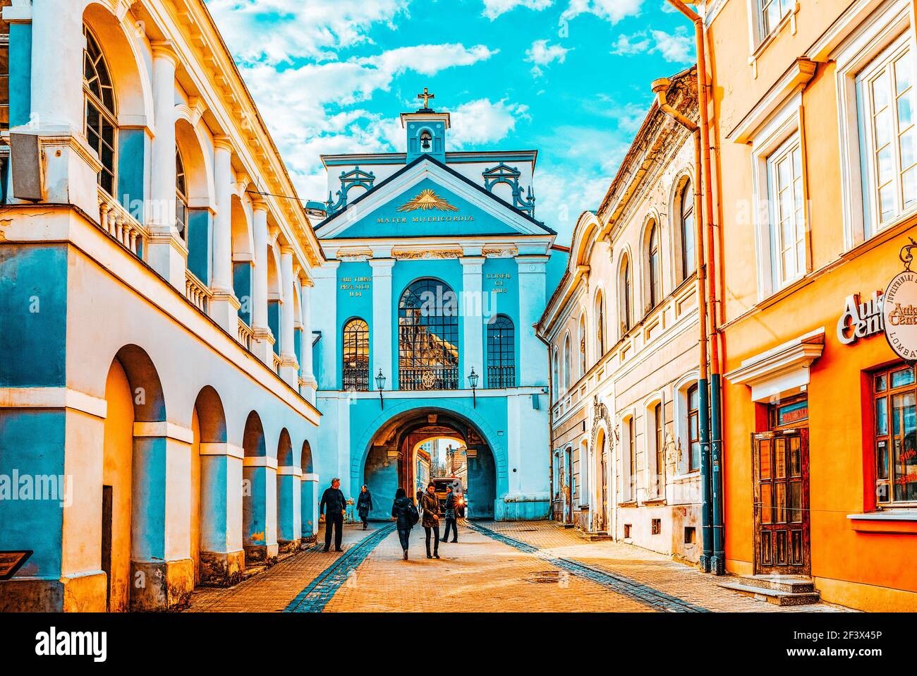 Ausros gate (gate of dawn) with basilica of Madonna Ostrobramska in Vilnius, Lithuania. Stock Photo