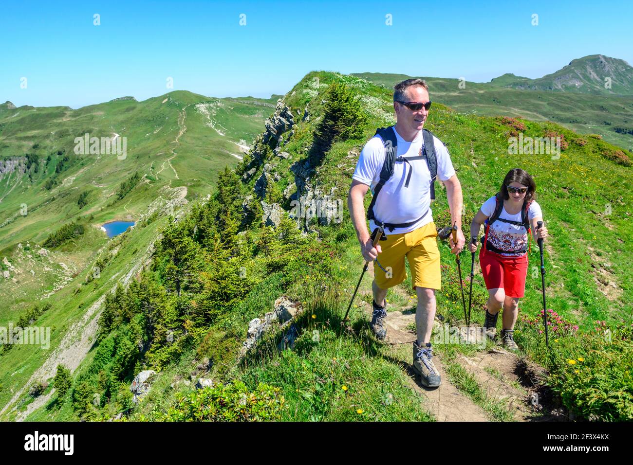Couple hiking in alpine area in Vorarlberg mountains in austria Stock ...