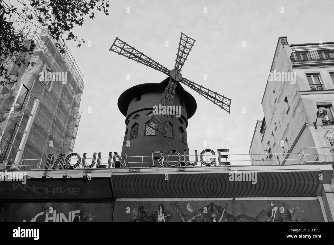Paris, France - November 27, 2013 :The world famous cabaret of Moulin rouge on Paris France in black and white Stock Photo