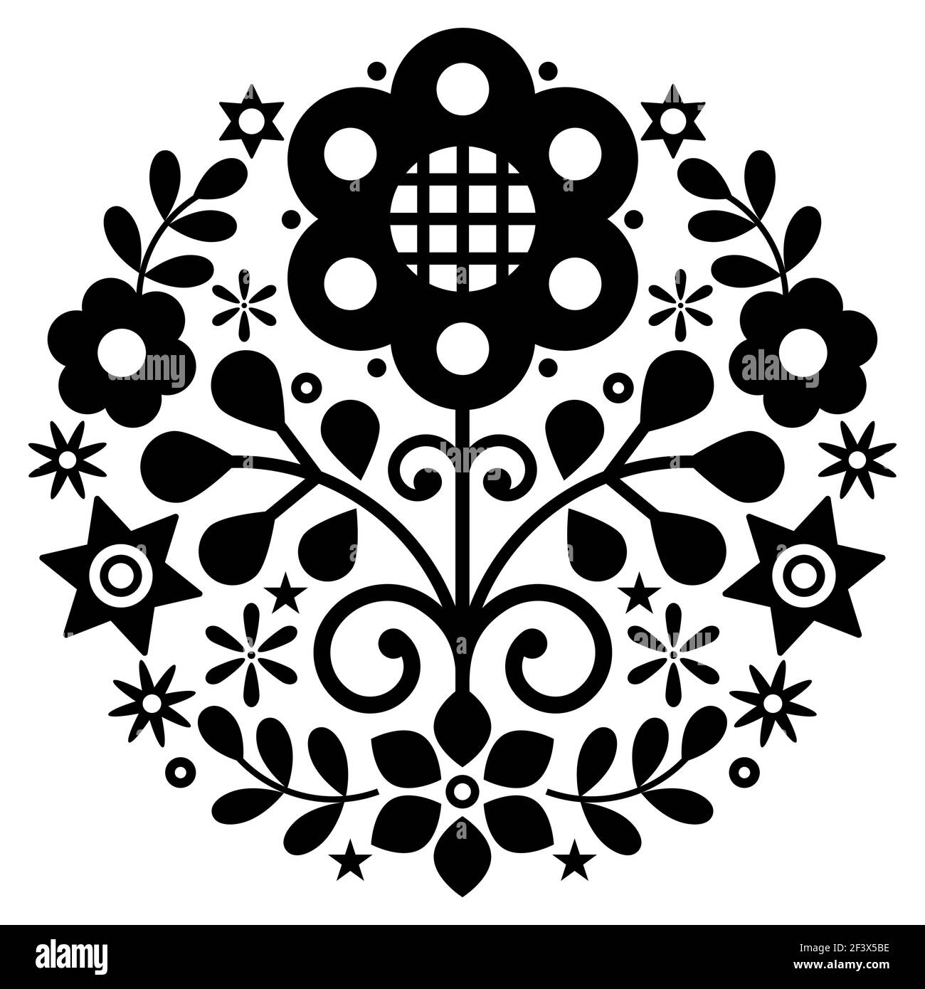 Polish folk art vector round design with flowers inspired by traditional highlanders embroidery Lachy Sadeckie - black and white bohemian pattern Stock Vector