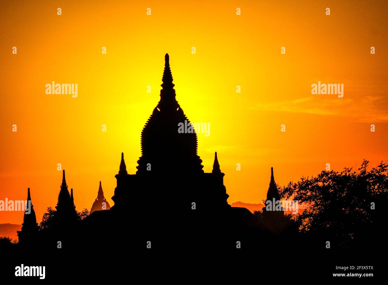 Silhouette of pagodas in Bagan during sunset, Myanmar. Stock Photo