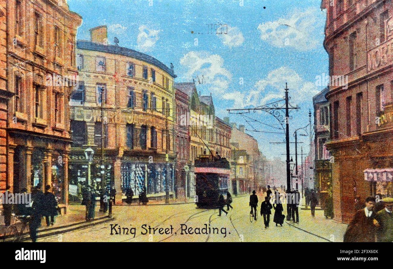 King Street, Reading, Berkshire, England, United Kingdom with an electric tram. Antique postcard