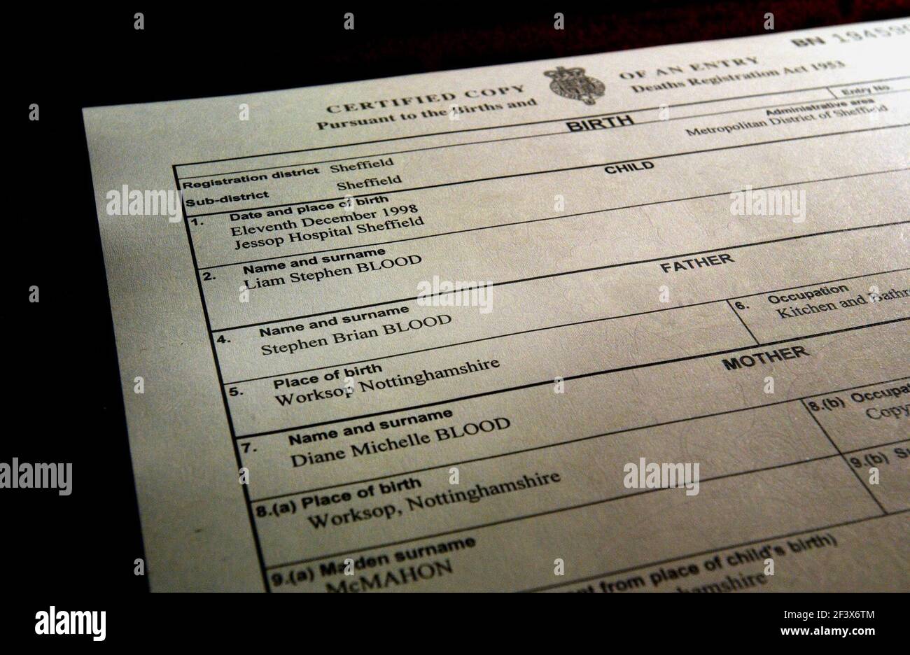 THE BIRTH CERTIFICATE OF LIAM 4 AND JOEL 1 SON OF DIANE BLOOD AT THE BIRTH CERTIFICATE OF LIAM 4 AND JOEL 1 SON OF DIANE BLOOD AT