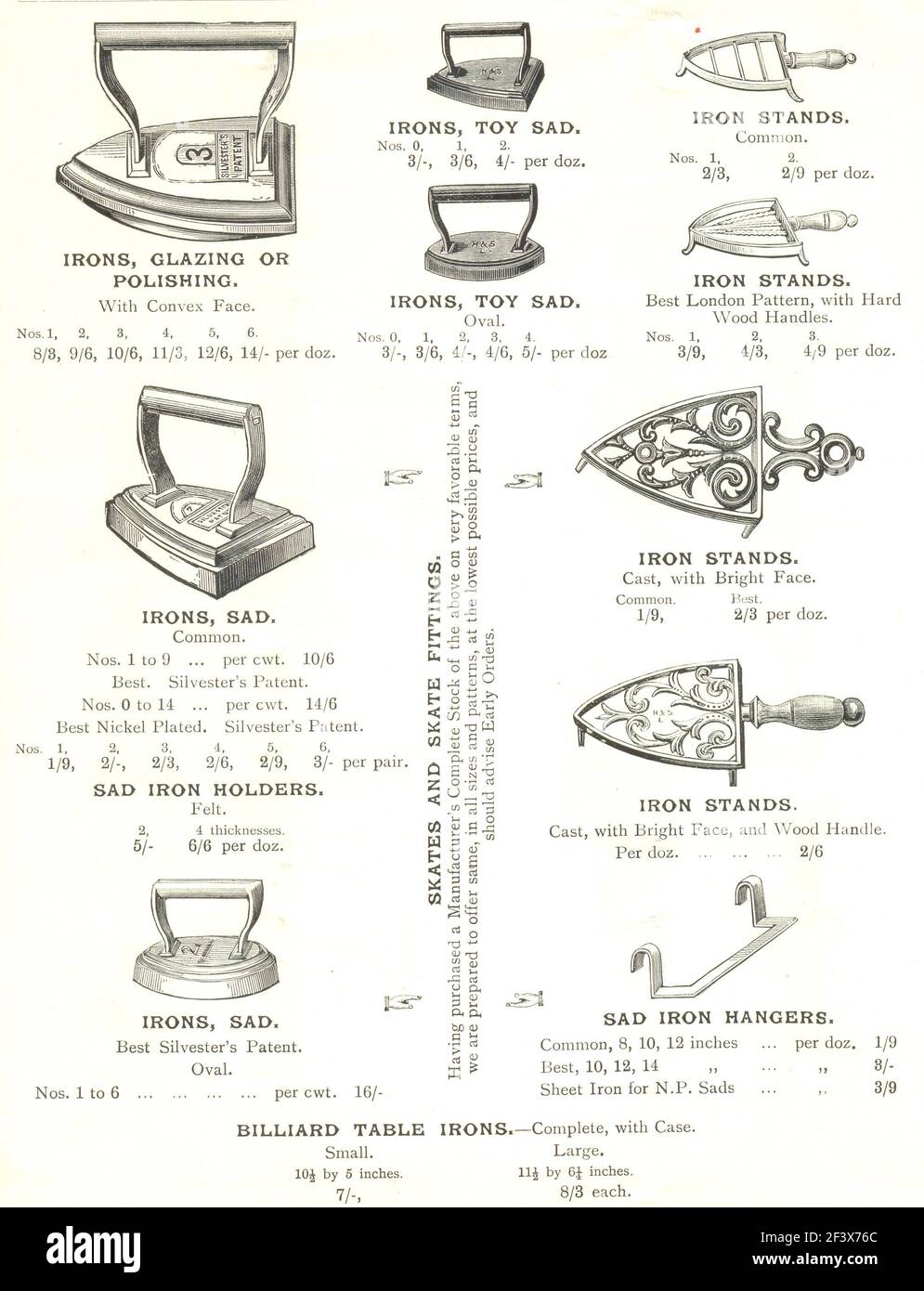 Page showing irons and iron stands from catalogue 'Competition Guide' for the Ironmongery and Hardware Trades published by G Harding & Sons, London S E 1892 Stock Photo