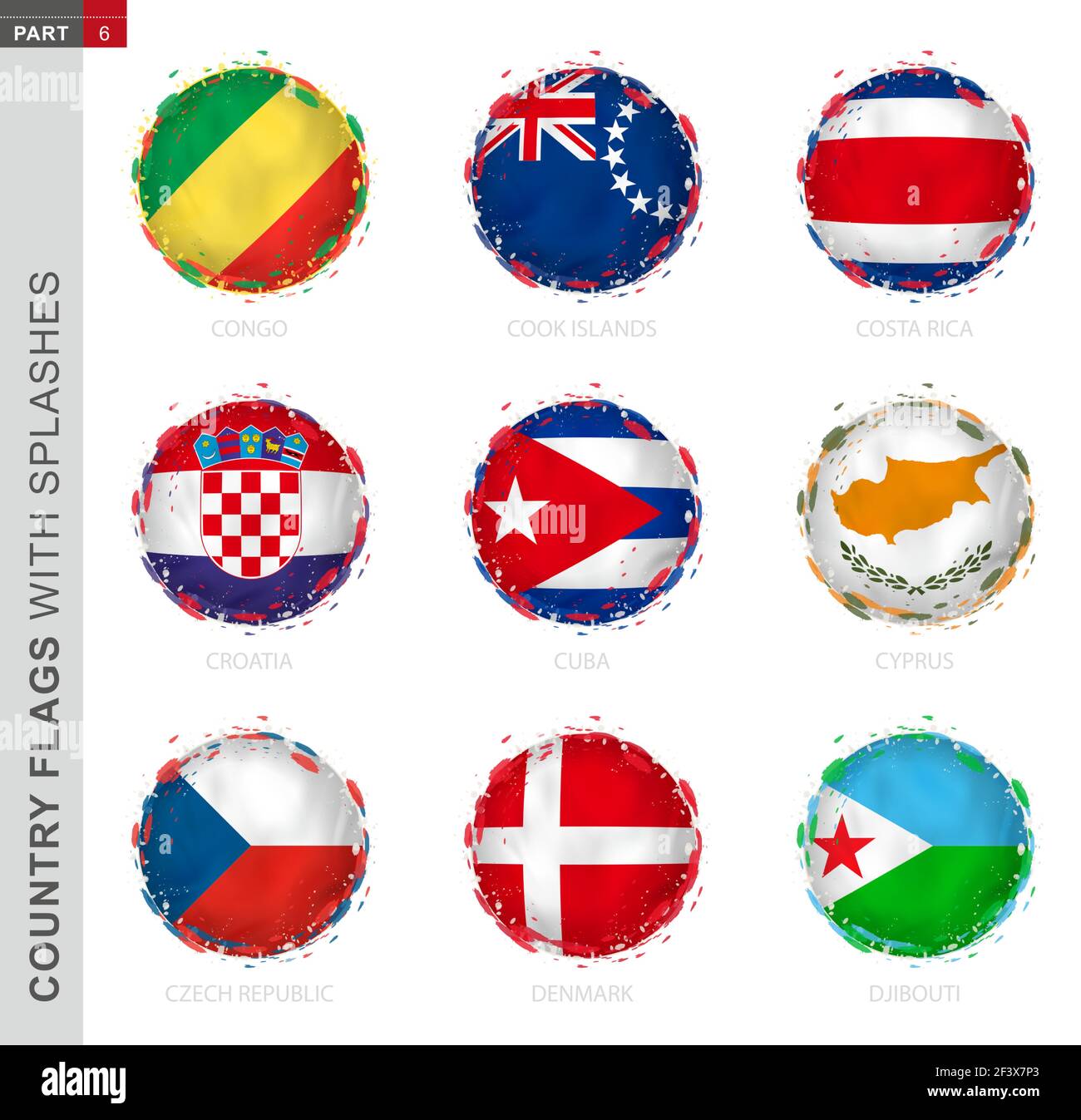 Flag collection, round grunge flag with splashes. 9 vector flags: Congo, Cook Islands, Costa Rica, Croatia, Cuba, Cyprus, Czech Republic, Denmark, Dji Stock Vector