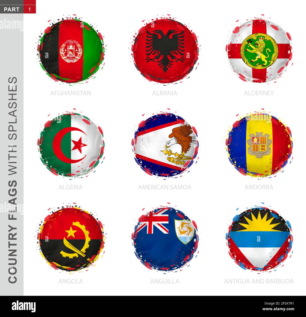 Flag Collection Round Grunge Flag With Splashes 9 Vector Flags Afghanistan Albania Alderney Algeria American Samoa Andorra Angola Anguilla Stock Vector Image Art Alamy