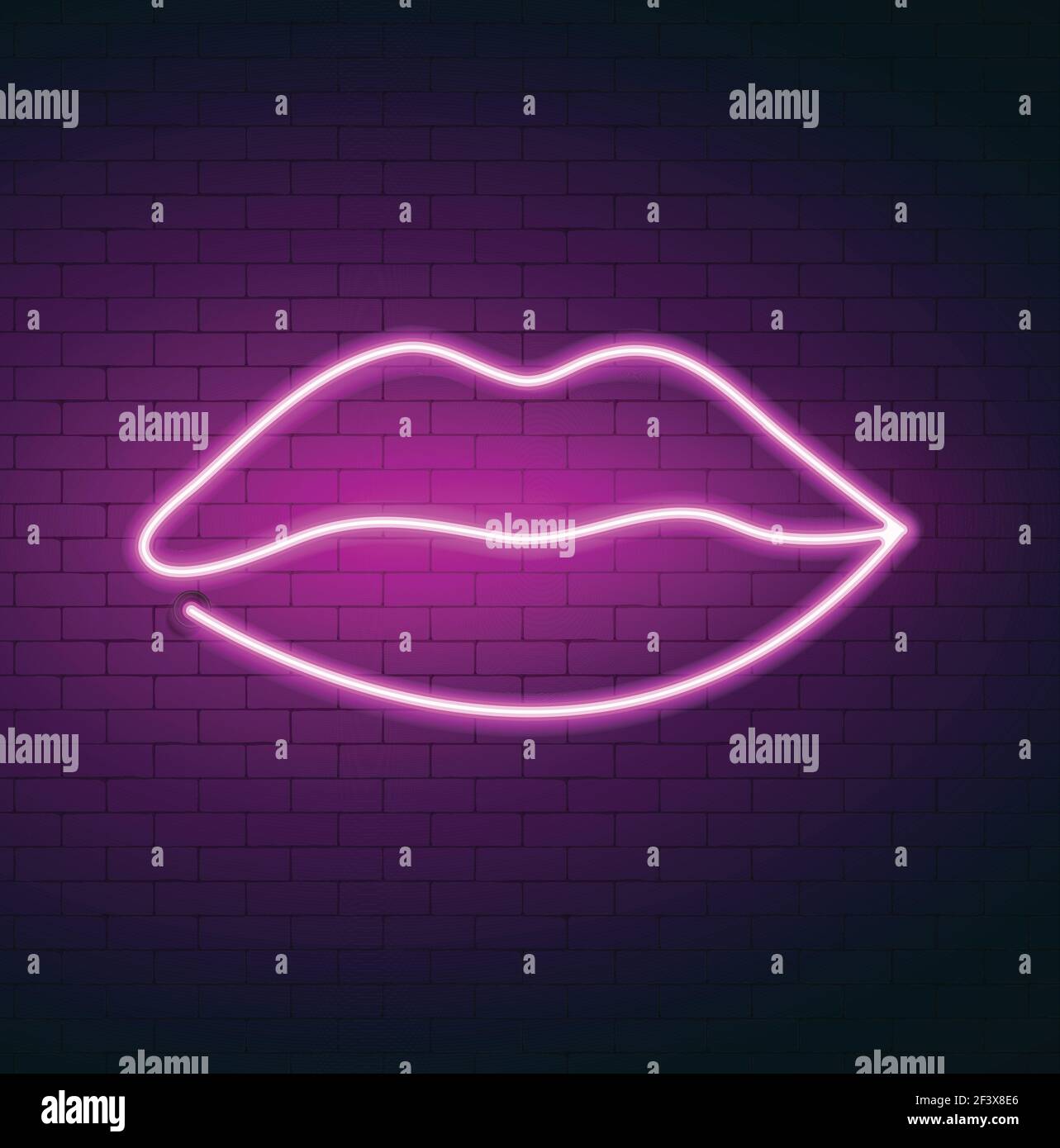 Neon lips on brick wall background. Pink lips vector illustration. Lip