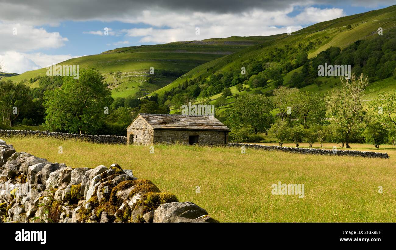 Beautiful sunny Wharfedale countryside (valley, hillsides, field barn, drystone walls, farmland pastures, high hills) - Yorkshire Dales, England, UK. Stock Photo