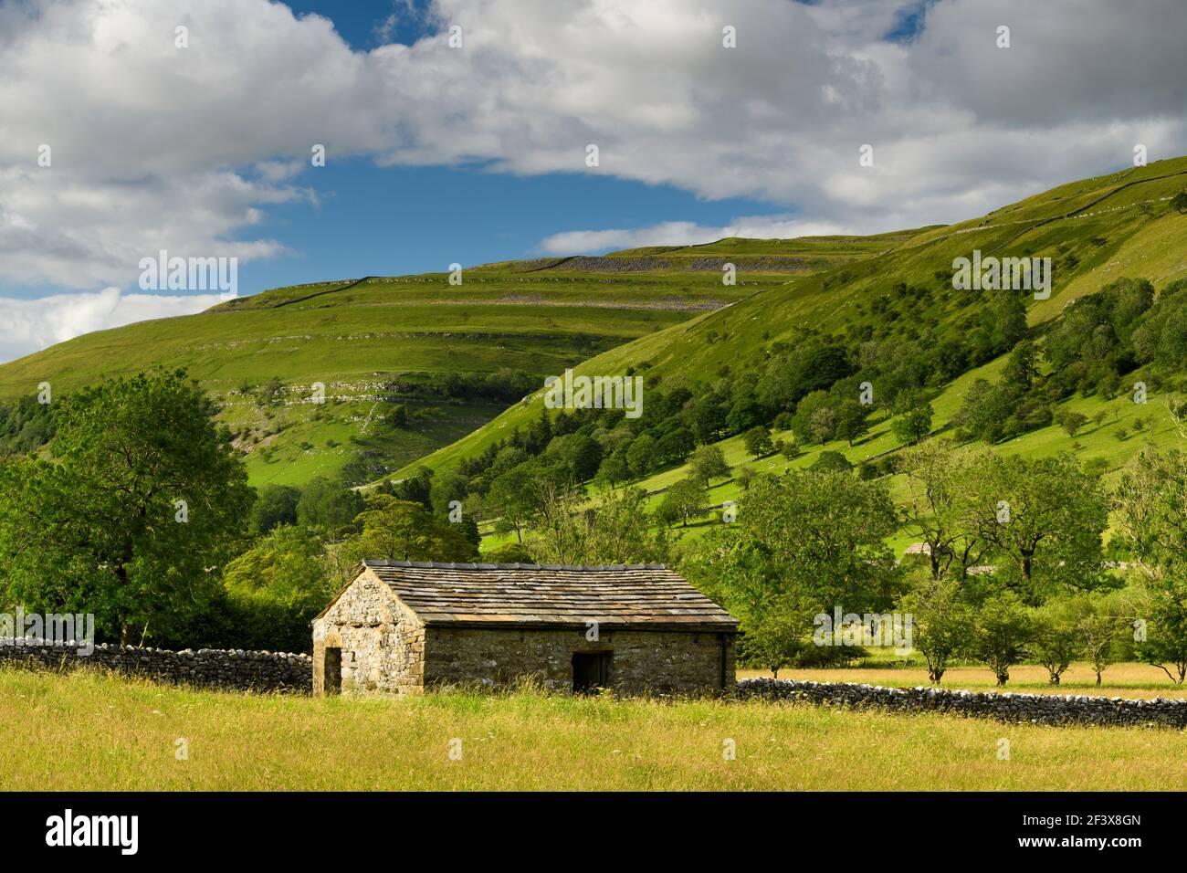 Beautiful sunny Wharfedale countryside (valley, hillsides, field barn, drystone walls, farmland pastures, high hills) - Yorkshire Dales, England, UK. Stock Photo