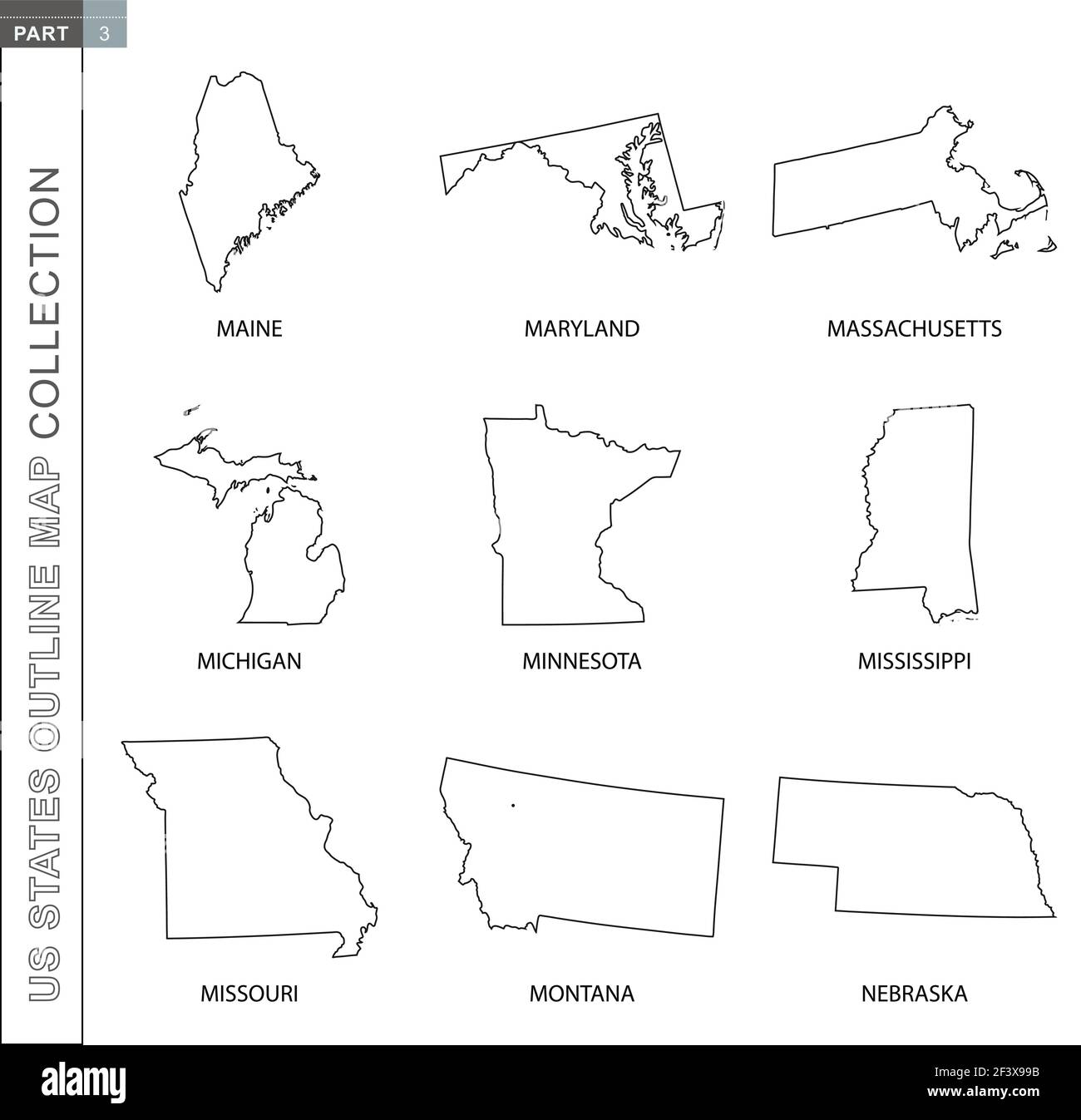 outline-maps-of-us-states-collection-nine-black-lined-vector-map-of-maine-maryland-massachusetts-michigan-minnesota-mississippi-missouri-monta-stock-vector-image-art-alamy