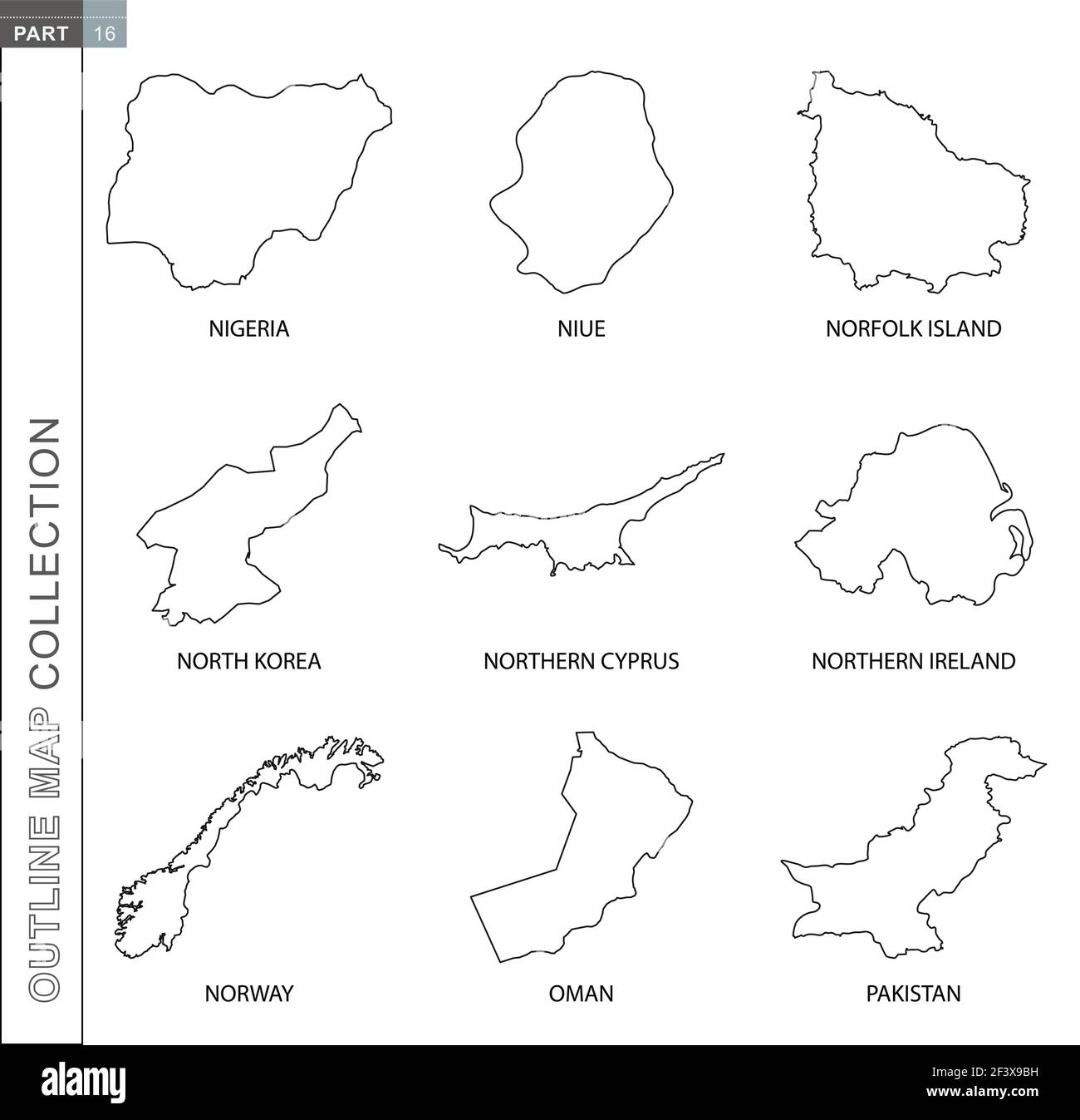 Outline Maps Collection Nine Black Lined Vector Map Of Nigeria Niue Norfolk Island North Korea Northern Cyprus Northern Ireland Norway Oman P Stock Vector Image Art Alamy