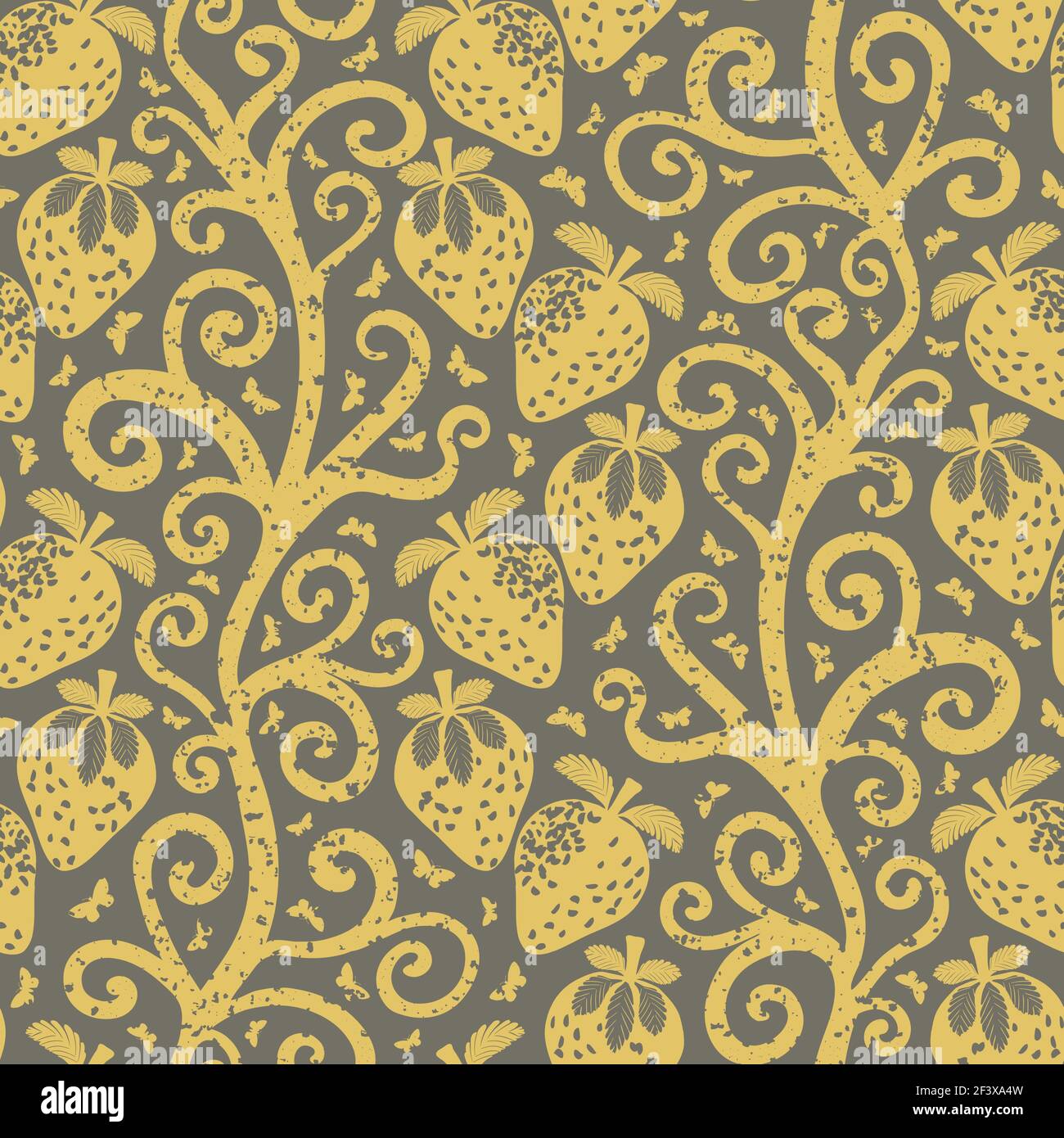 Strawberry linocut Indian Florals style seamless vector pattern background. Winding stems with berries and butterflies. Yellow grey design with aged Stock Vector