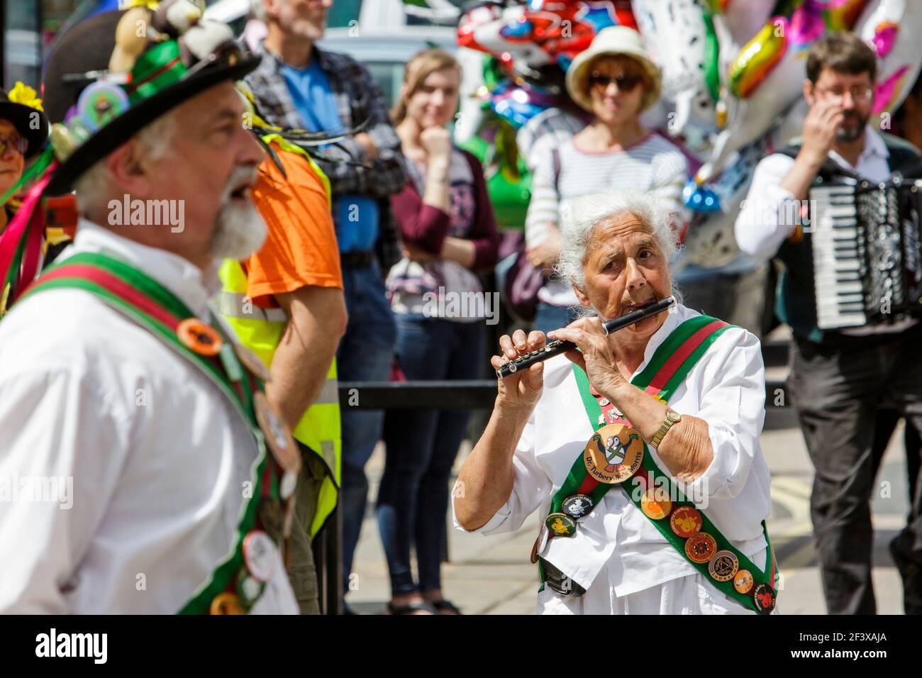 Hankies Gone Awry Morris dancers from California USA are pictured on the opening day of the 2019 Chippenham folk festival.Chippenham Wiltshire 25/5/19 Stock Photo