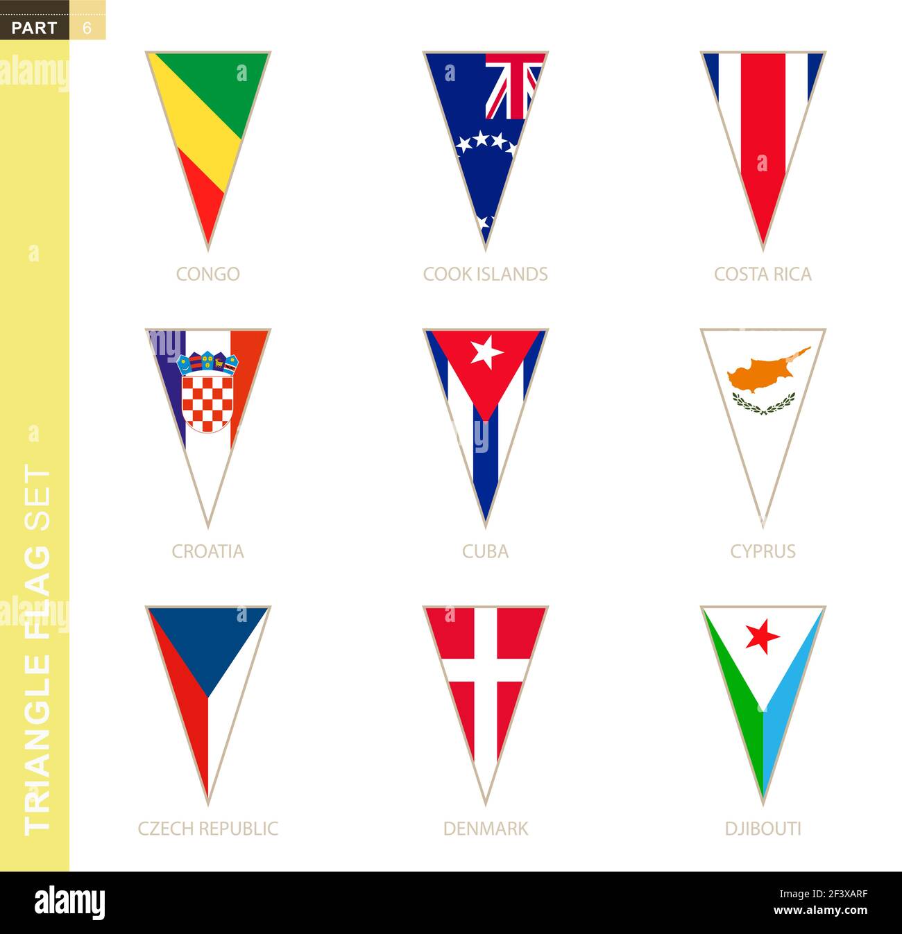 Triangle flag set, stylized country flags of Congo, Cook Islands, Costa Rica, Croatia, Cuba, Cyprus, Czech Republic, Denmark, Djibouti Stock Vector