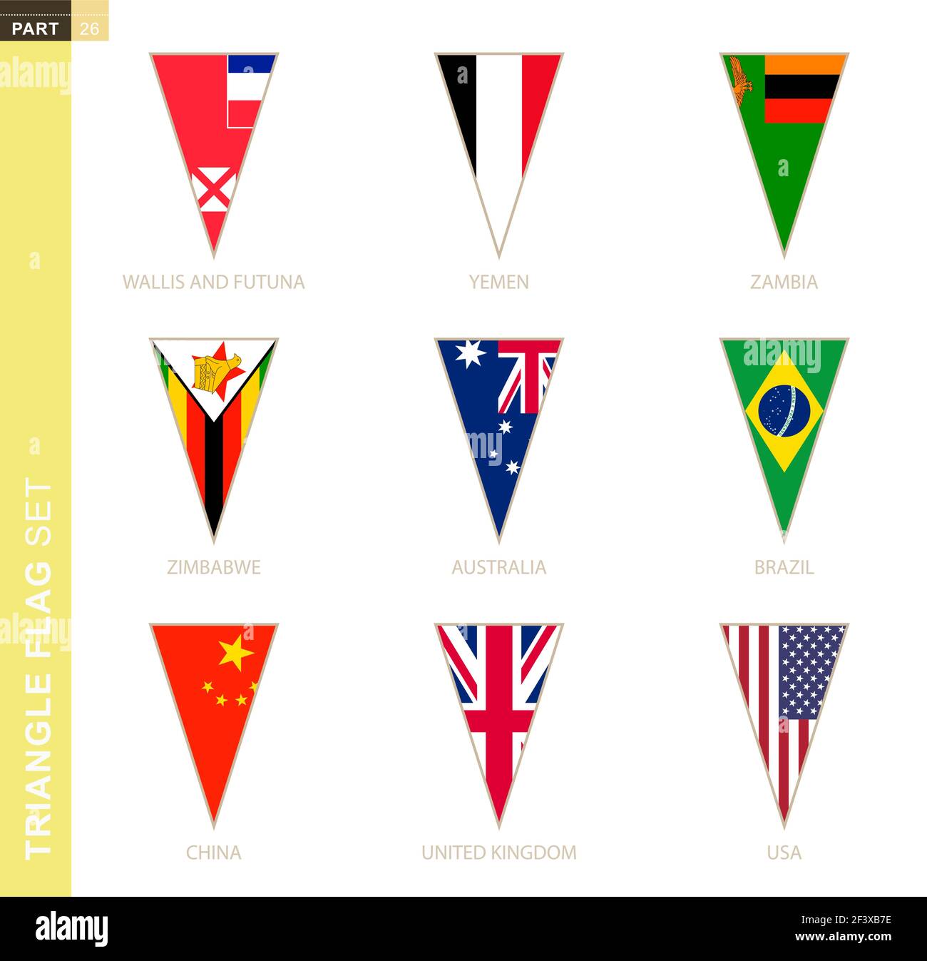 Triangle flag set, stylized country flags of Australia, Brazil, China, UK, USA, Wallis and Futuna, Yemen, Zambia, Zimbabwe Stock Vector