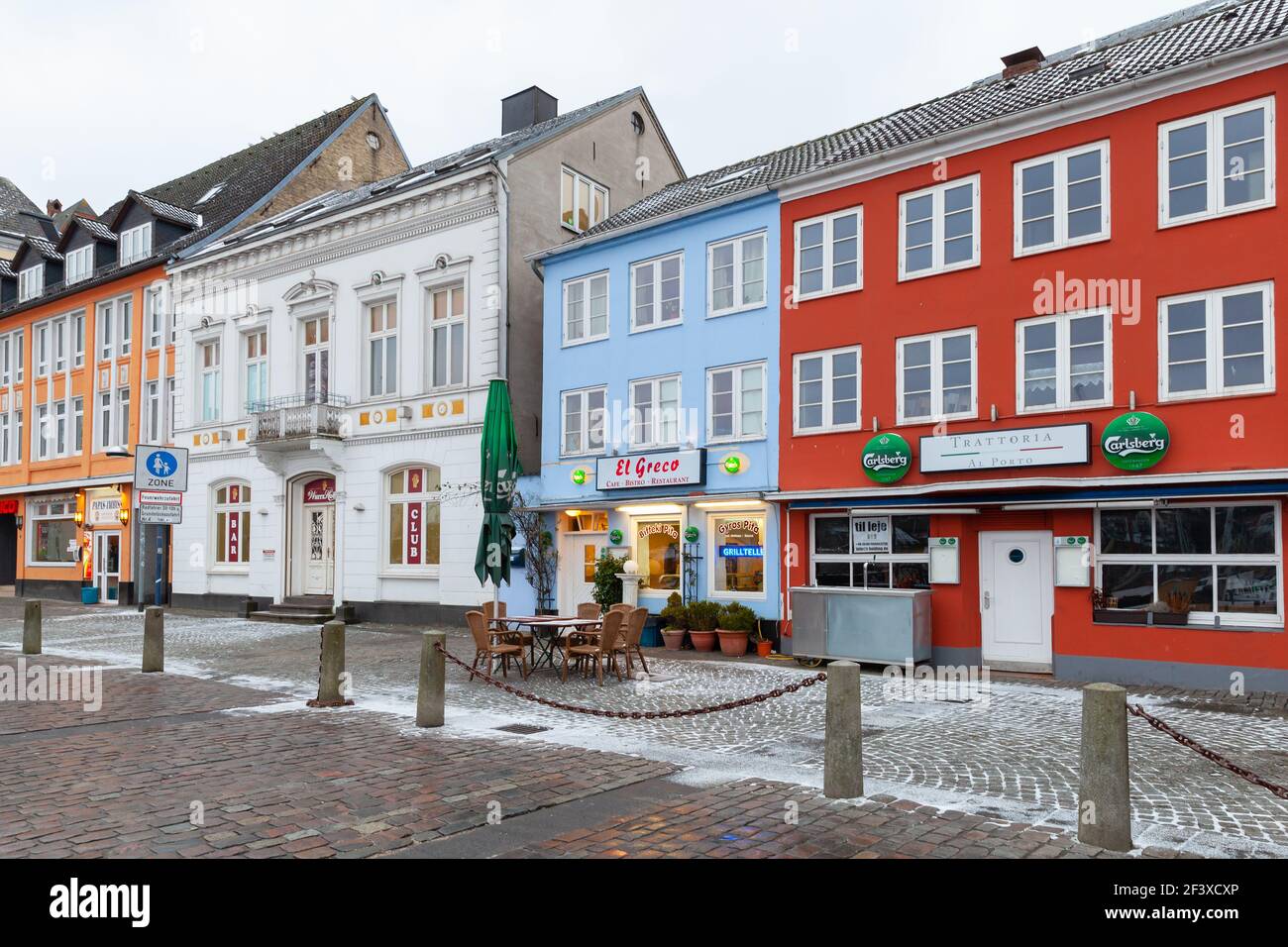 Flensburg, Germany - February 8, 2017: Street view with traditional colorful living houses in old town of Flensburg Stock Photo