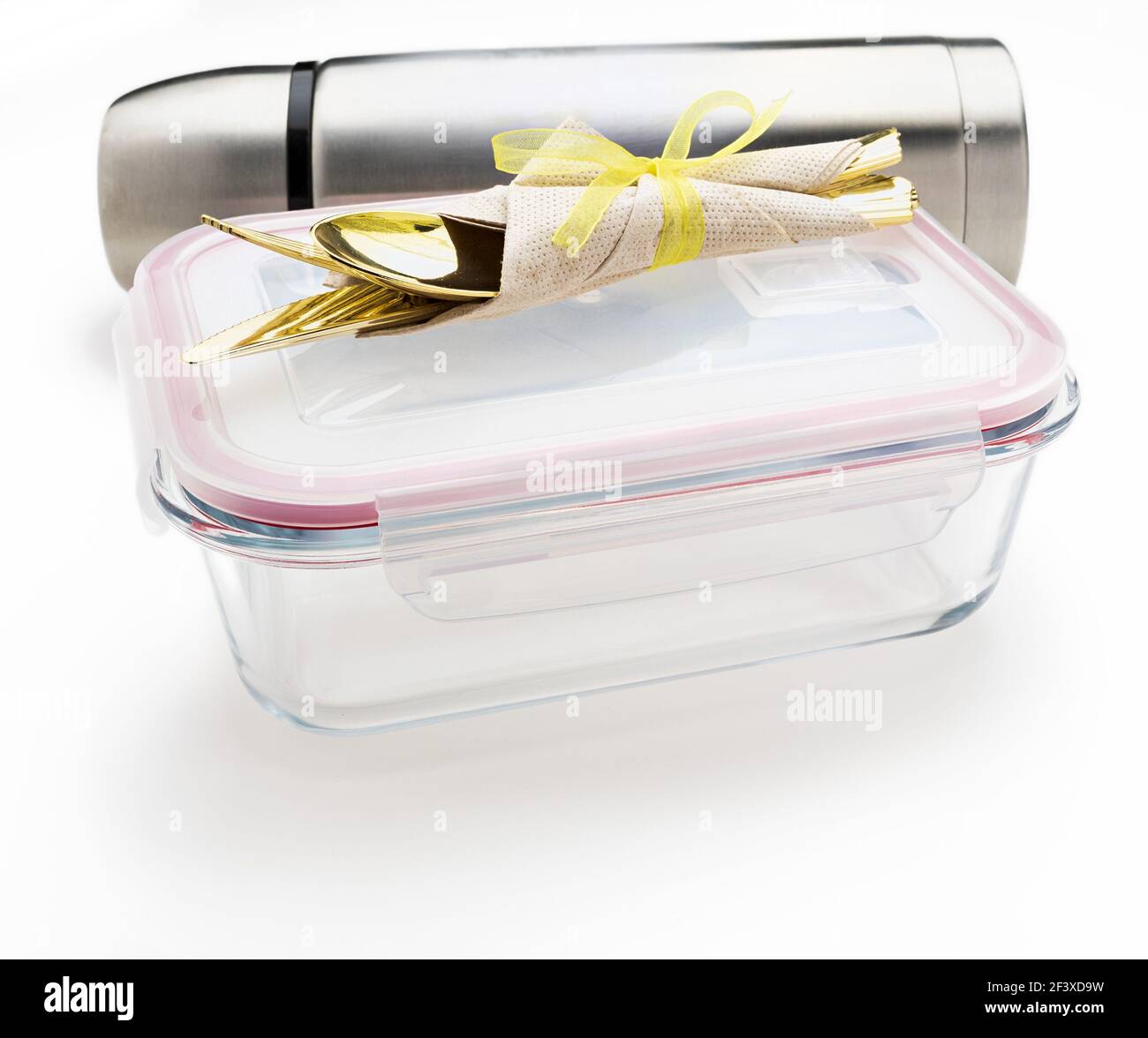 Glass container, stainless steel thermos, with cutlery and napkin