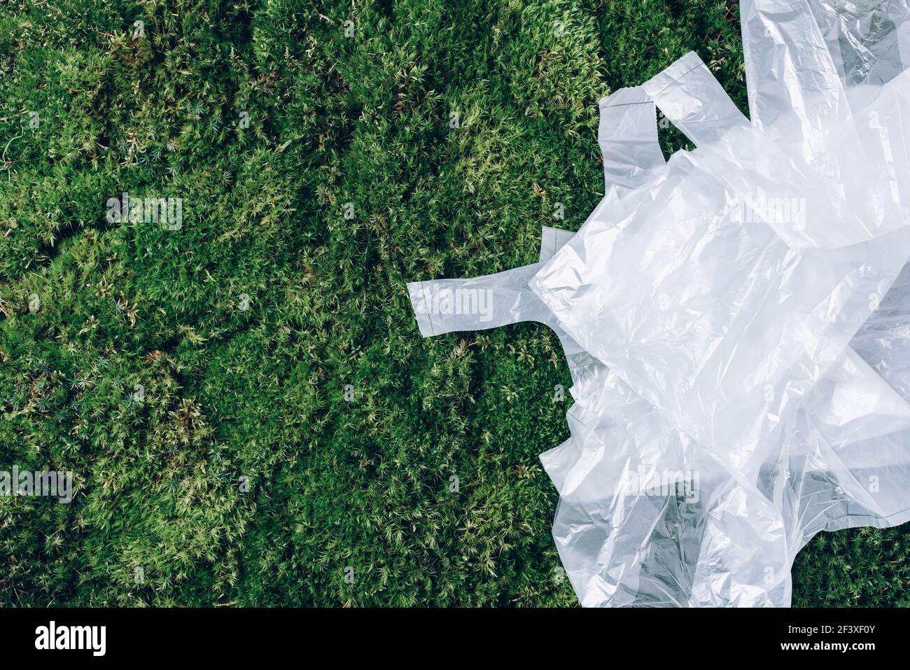 Pollution problem concept. Disposable plastic bags on green moss, grass background. Top view. Copy space. Environmental pollution problem. Garbage Stock Photo