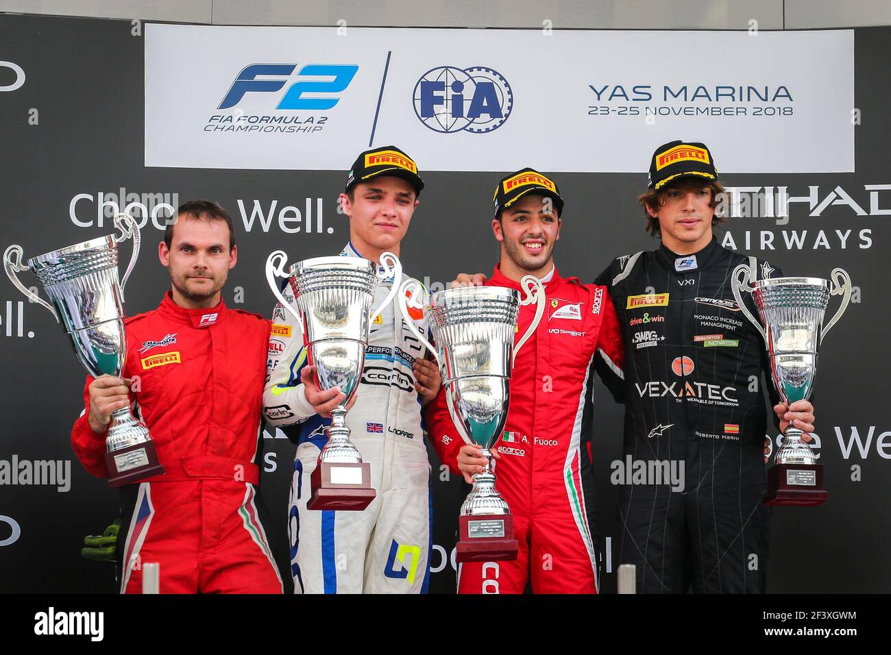 FUOCO Antonio, Charouz Racing System, NORRIS Lando, Carlin, MERHI Roberto,  Campos Vexatec Racing, portrait, podium during the FIA Formula 2  championship, Abu Dhabi Grand Prix from November 22 to 25 in Yas