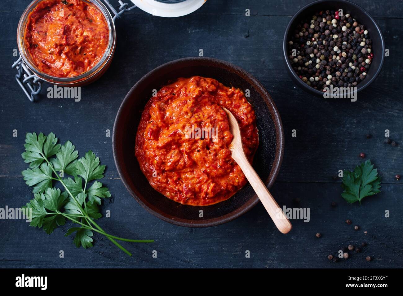 Ajvar (spicy pepper sauce from the Balkans) in a bowl Stock Photo