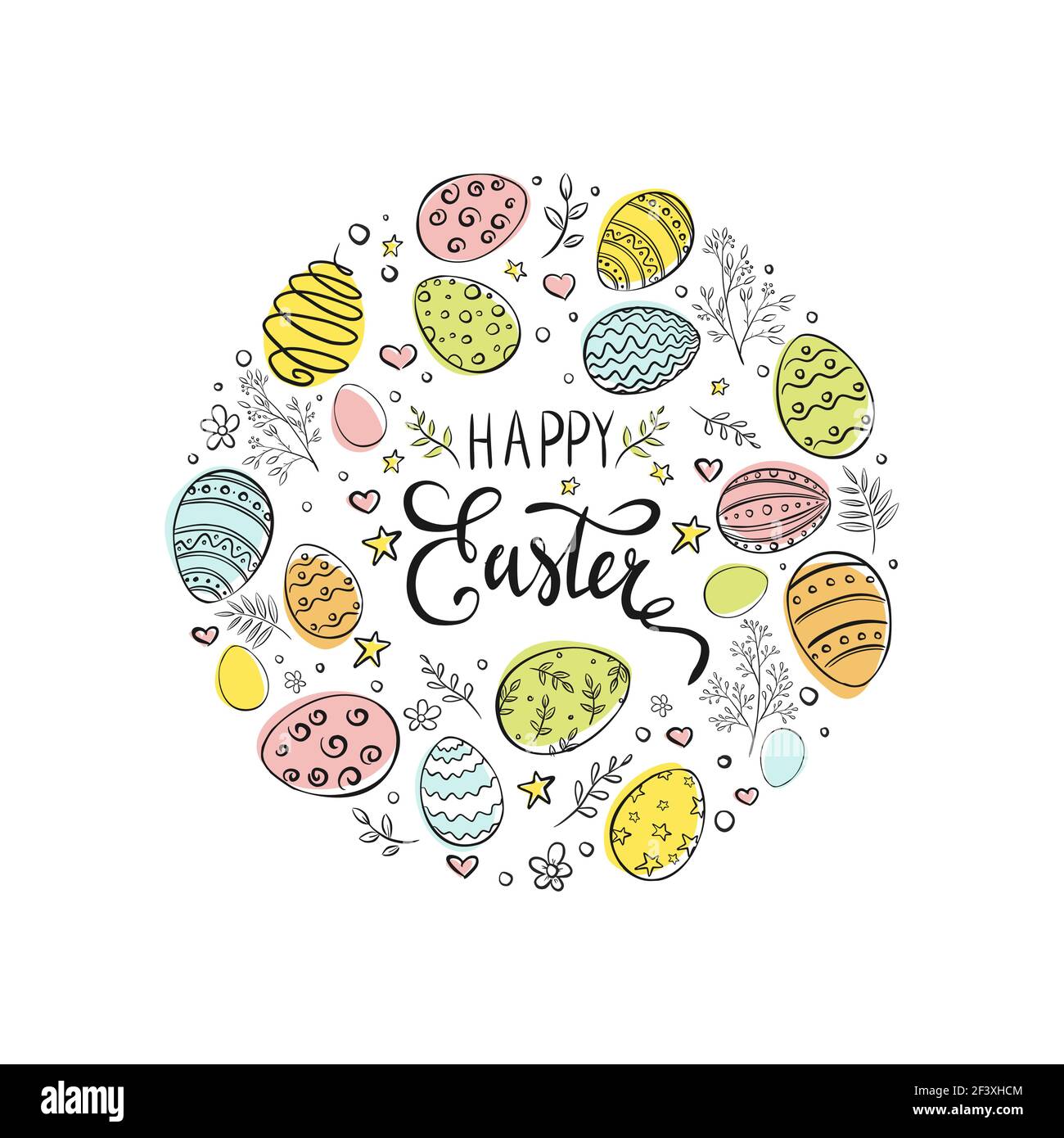 Hand drawn Easter eggs composition on white background with decorative elements: branches, flowers, stars and bubbles. Happy Easter vector illustration. Stock Vector