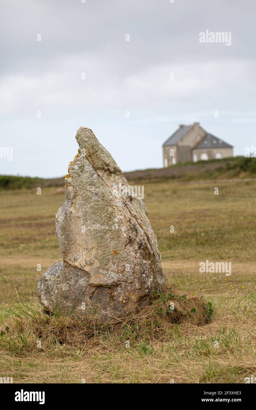 Menhir Standing stone on moor somewhere in Brittany Stock Photo