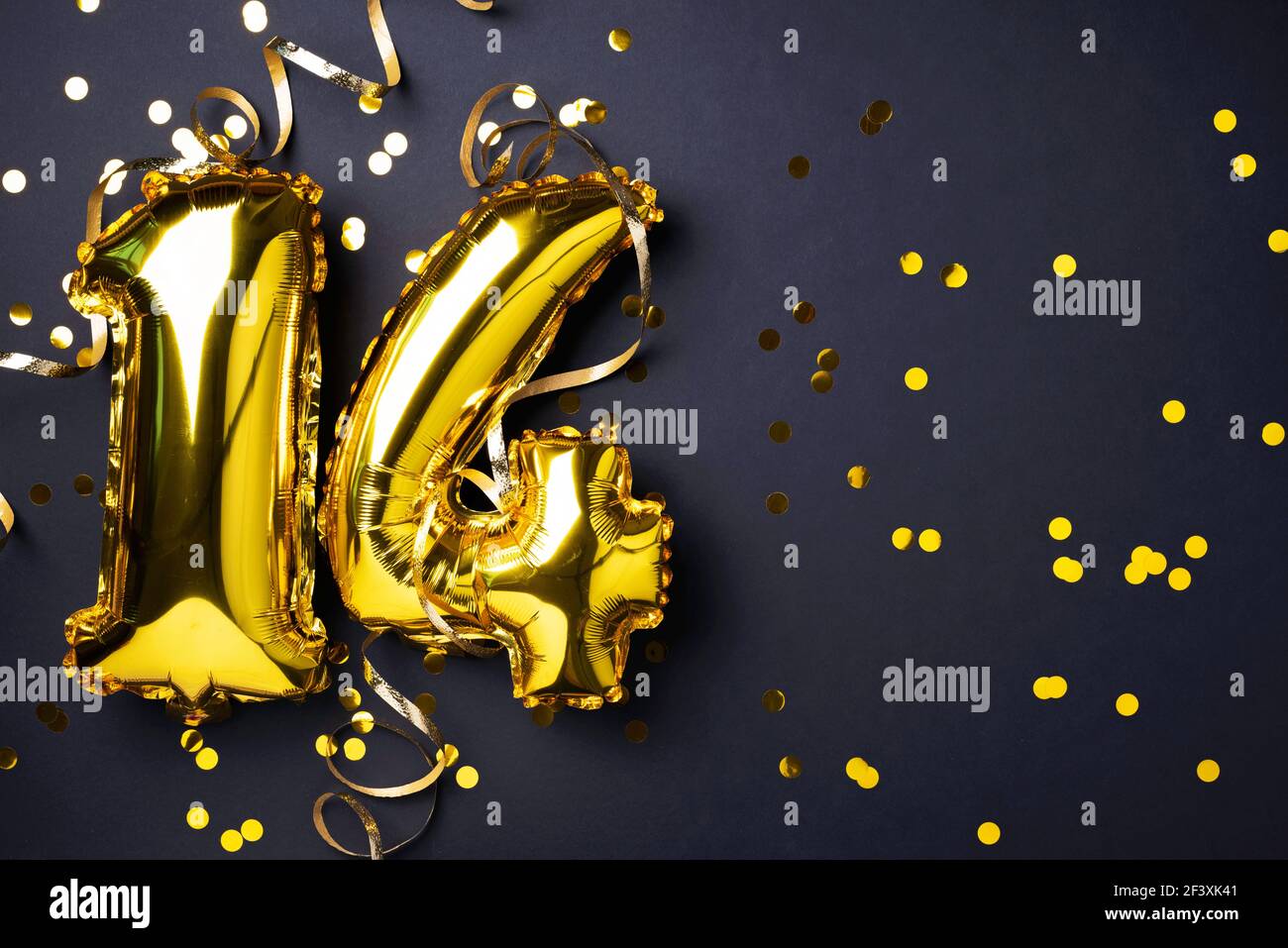 Gold foil balloon number, digit fourteen. Birthday greeting card ...