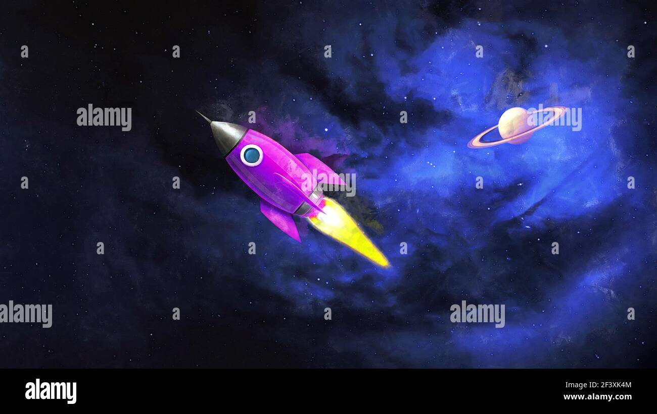 Space rocket on the background of the galaxy. Artistic work on a space ...