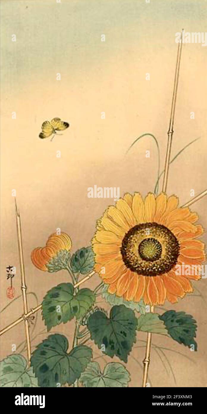 Ohara Koson artwork entitled Small Butterfly and Sunflower. Stock Photo