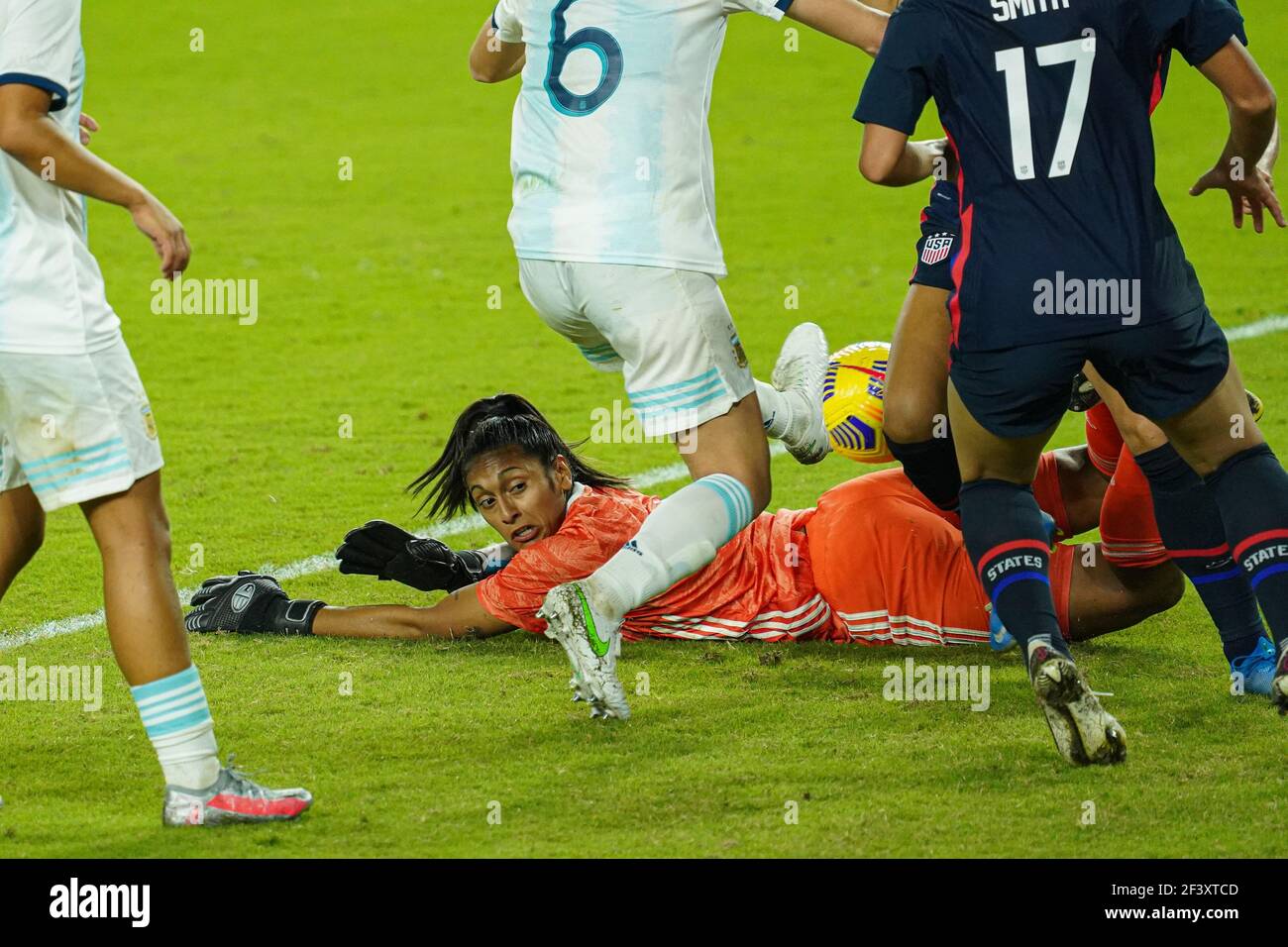 Orlando, Florida, USA, February 24, 2021, Argentina Goalkeeper Solana  Pereyra #1 attempt to make a save during the SheBelieves Cup at Exploria  Stadium (Photo Credit: Marty Jean-Louis Stock Photo - Alamy