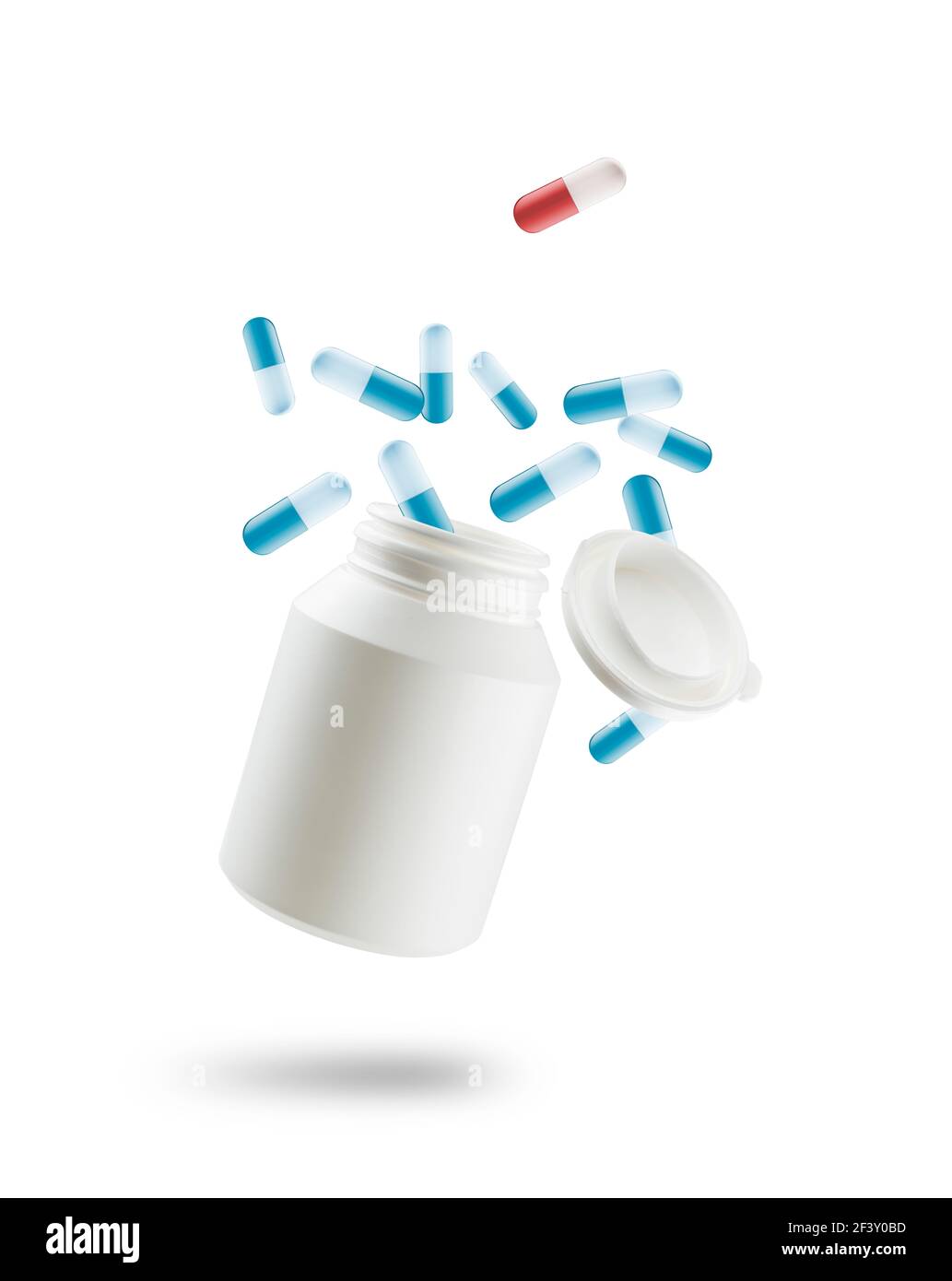 Medicine blue capsules and red one jump out from bottle, on white background Stock Photo