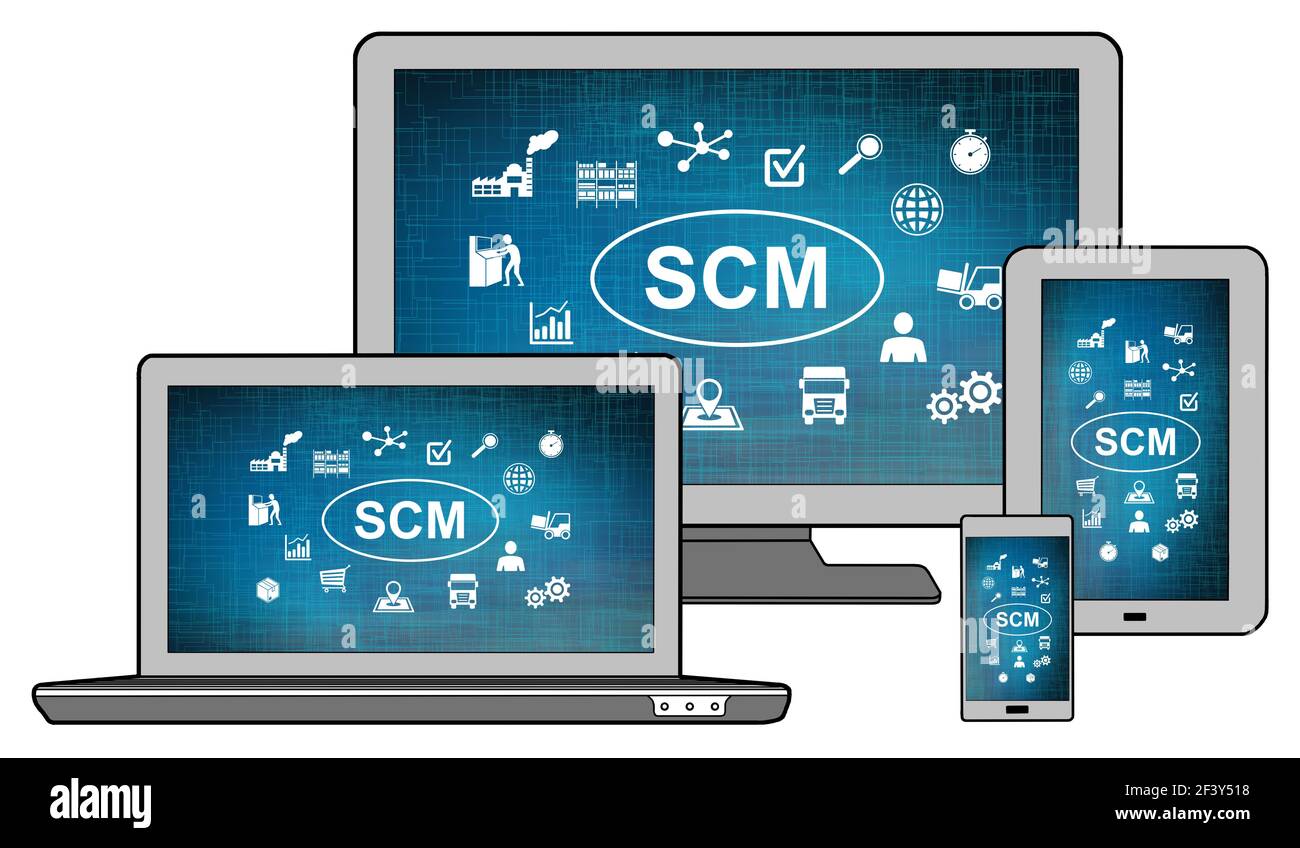 Scm concept shown on different information technology devices Stock