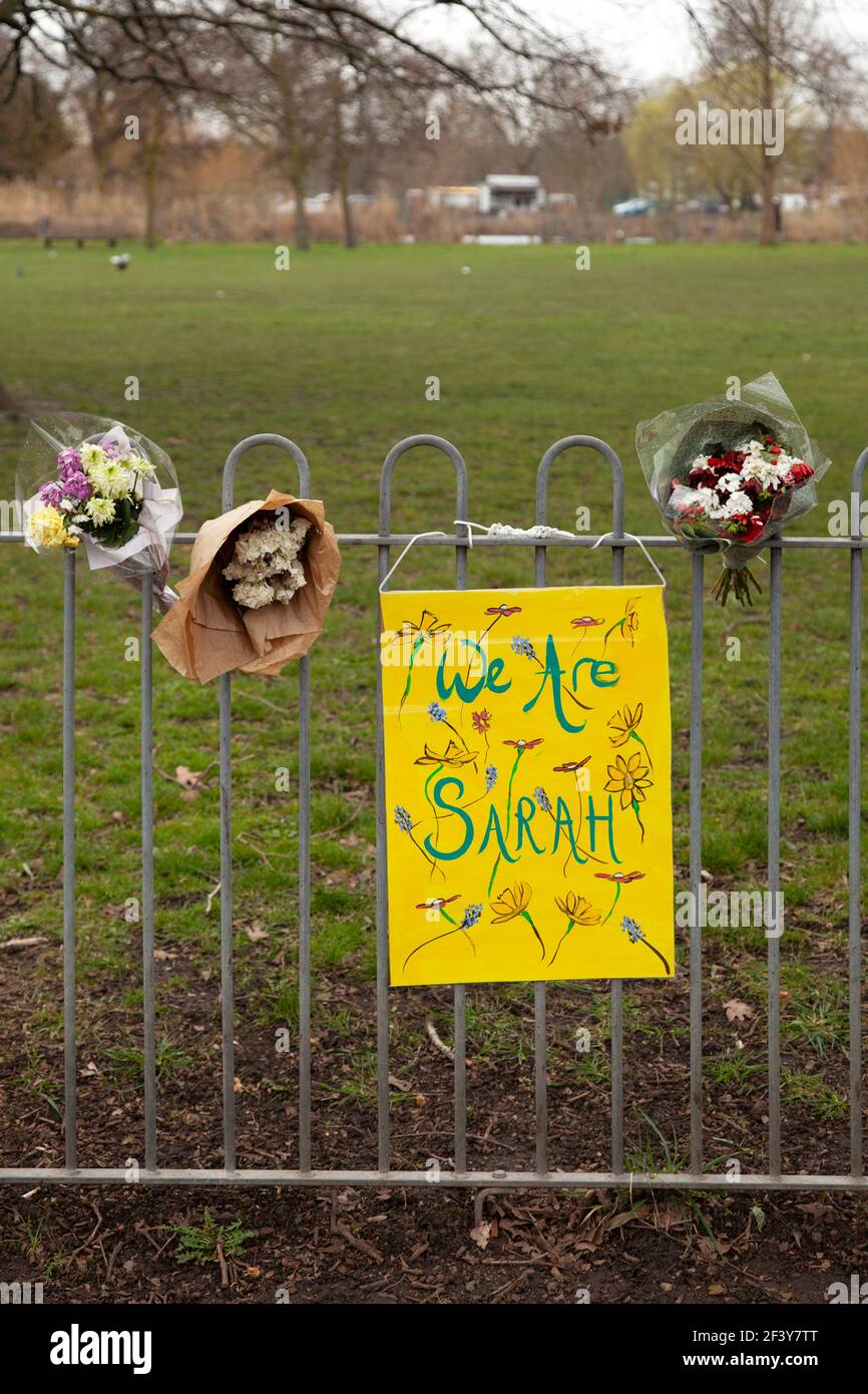 Signs and Flowers in Memory of Sarah Everard on Clapham Common, London UK Stock Photo