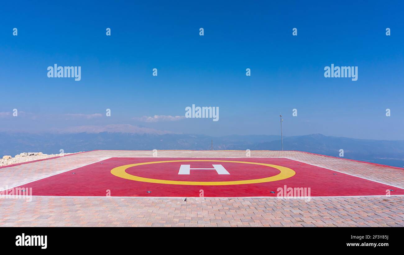 A helipad at the top of the mountain. Fethiye, Babadag, Turkey. Stock Photo