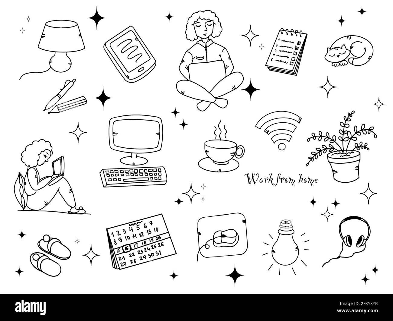 An illustration of doodles for working from home, computer, cat, a girl behind a laptop, and more Stock Photo