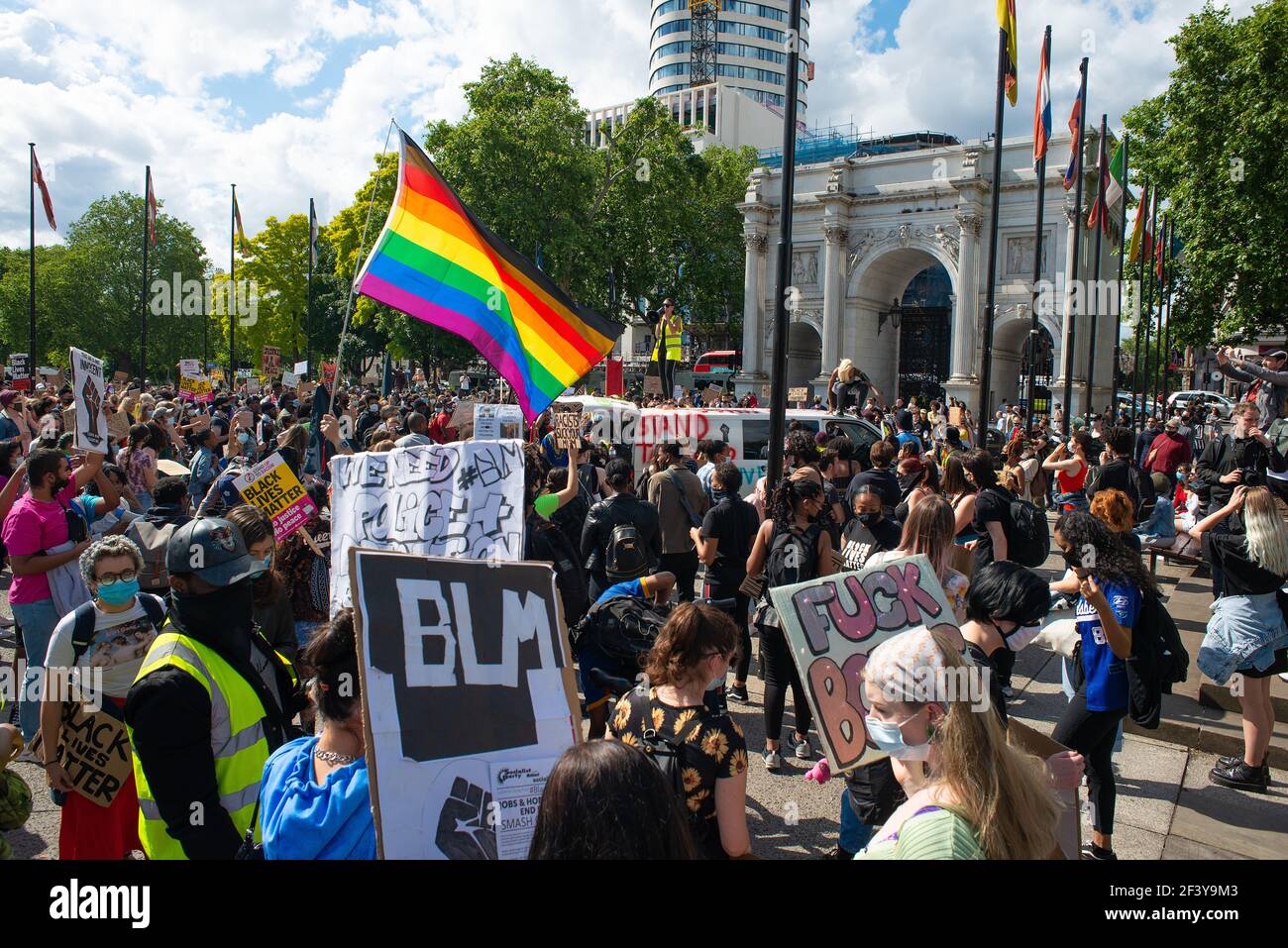 End Racism Protest Anti-racism campaigners with signs, at the Black Lives Matter ...