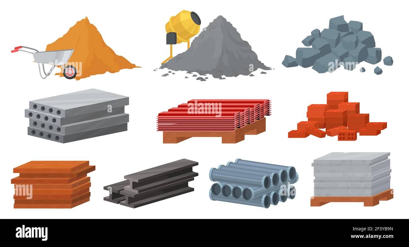 Construction materials set, flat vector illustration. Pile of sand cement stones bricks. Gypsum blocks, metal roof, tile Stock Vector