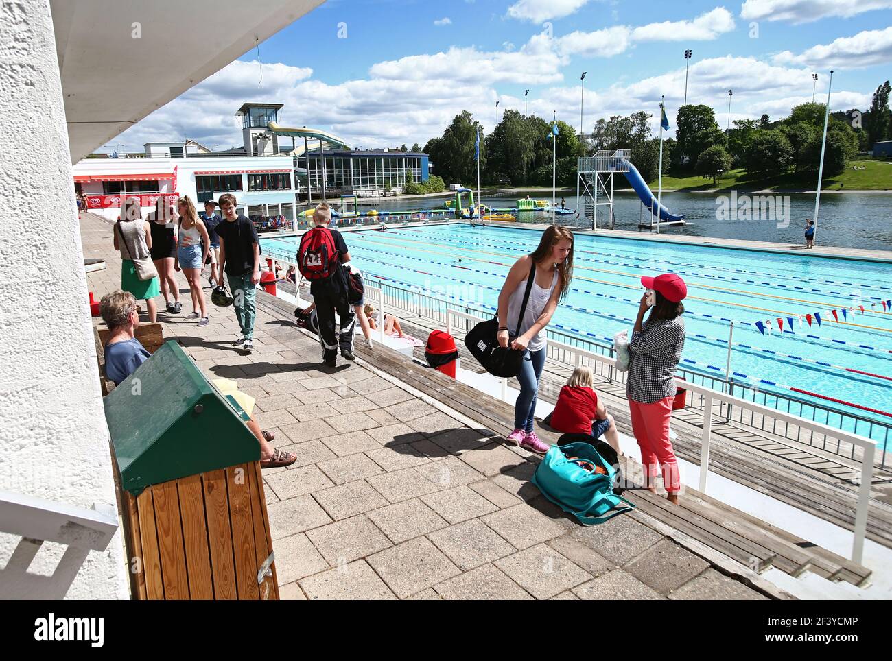 Swimmer in the outdoor pool Tinnerbäcksbadet, Tinnis, in central ...
