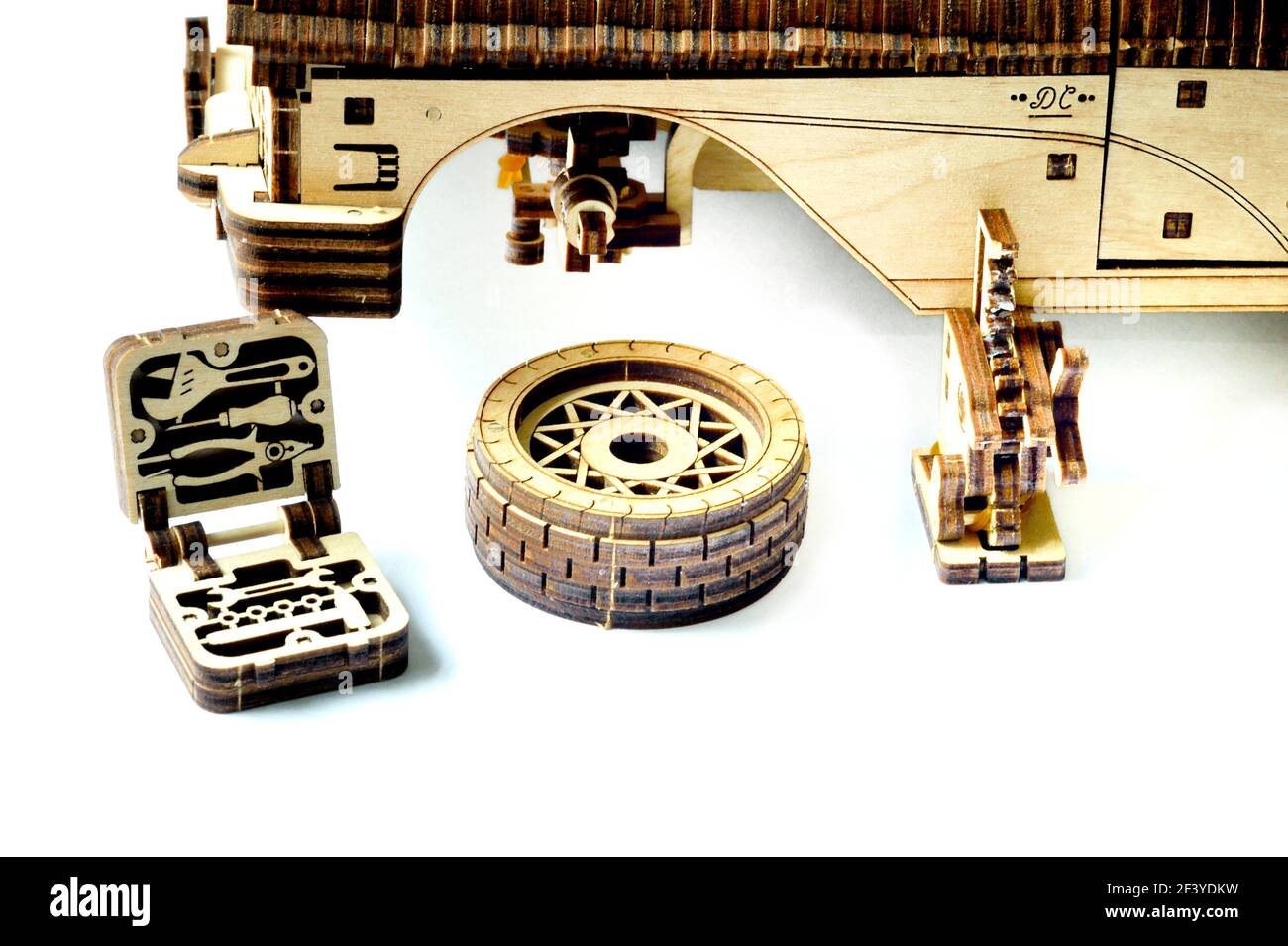 Wooden model car depicting breakdown scenes Stock Photo